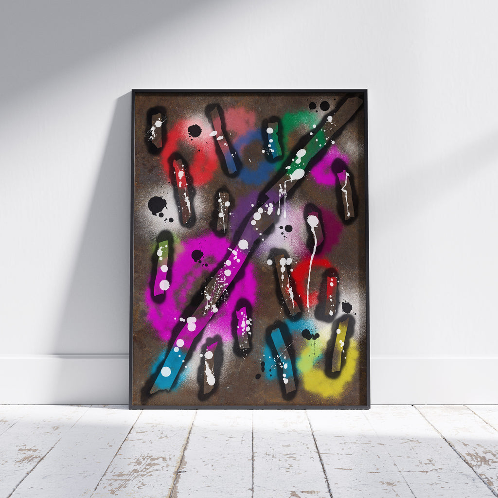 Broken Beat 04 framed abstract wall art print shown off wall with black frame