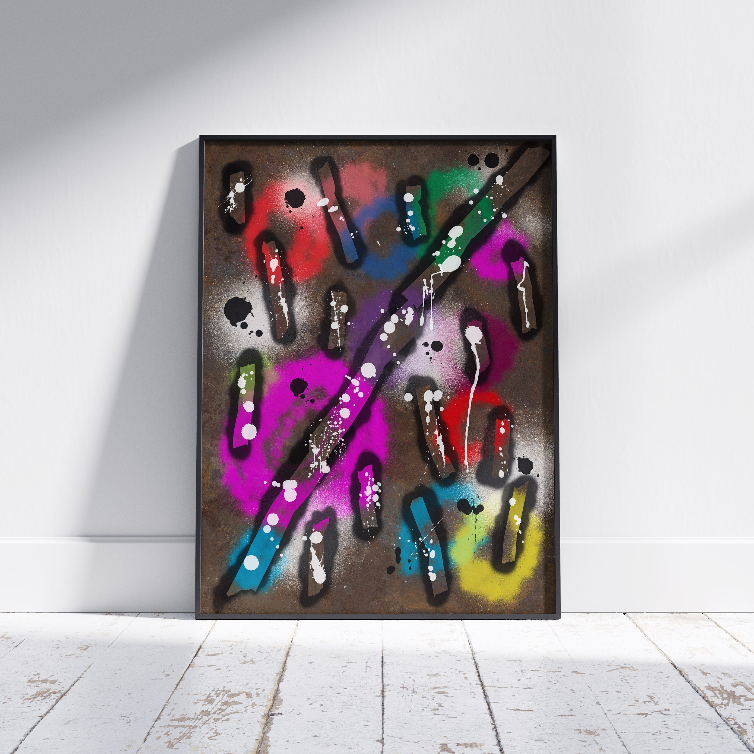Broken Beat 04 framed abstract wall art print shown off wall with black frame