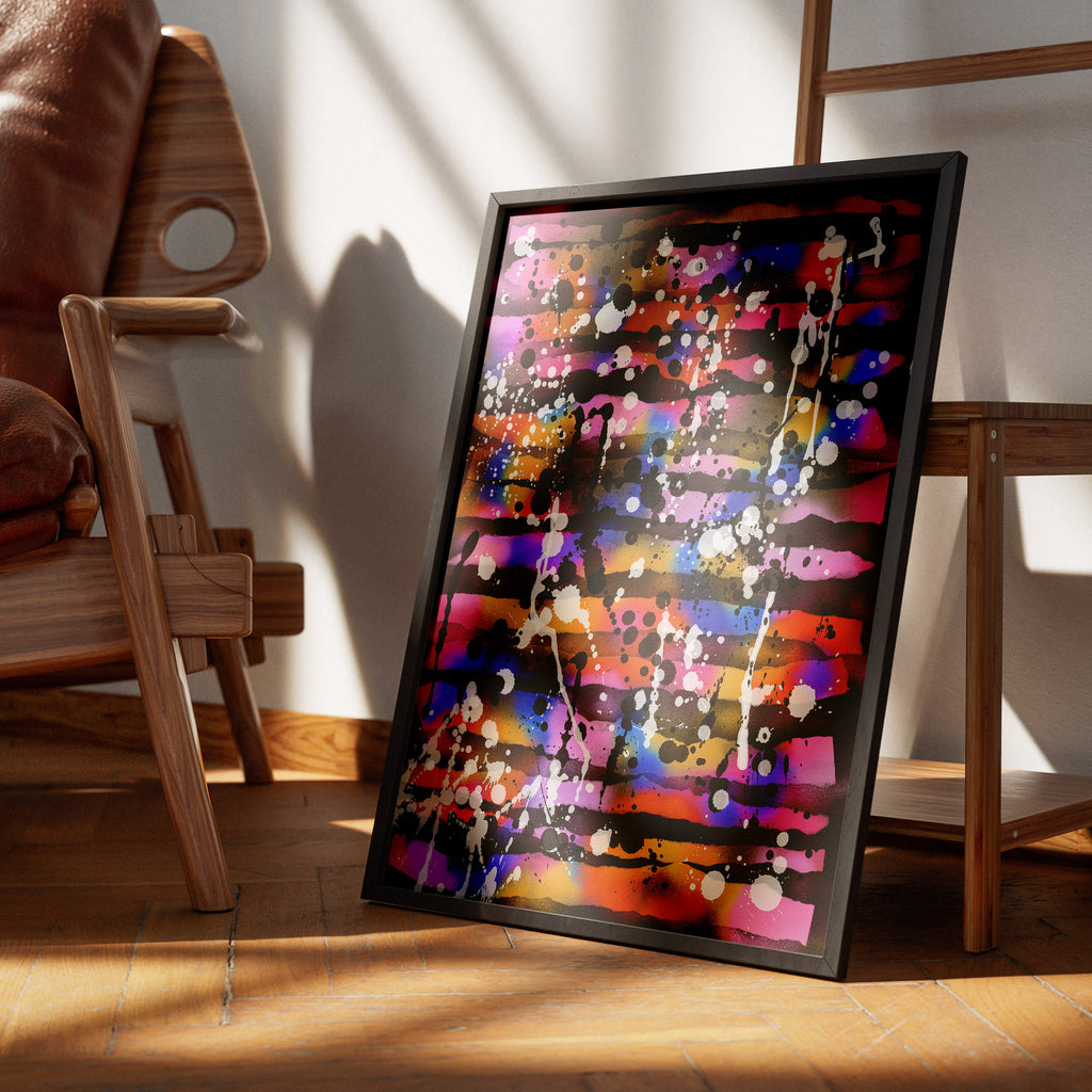 Broken Beat 05 colourful contemporary abstract print shown in a modern room setting