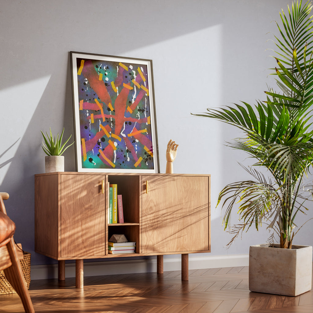 Broken Beat 06 abstract wall art print styled in a modern interior