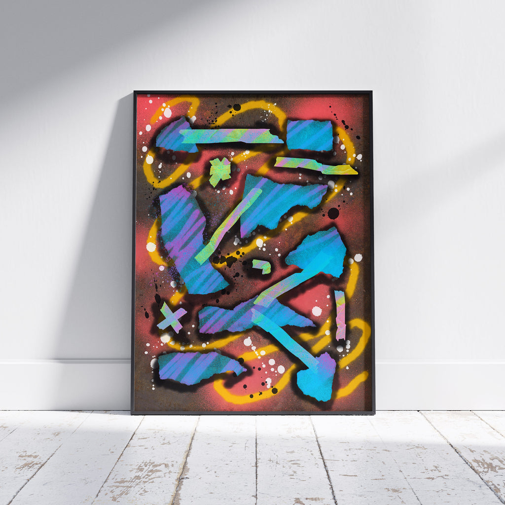 Broken Beat 07 framed abstract wall art print shown off wall with black frame