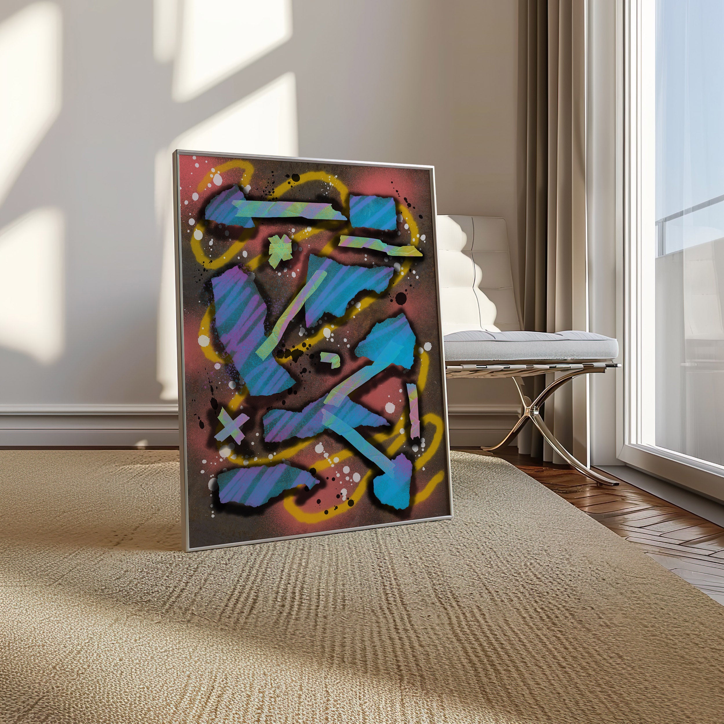 Broken Beat 07 colourful contemporary abstract print shown in a modern room setting