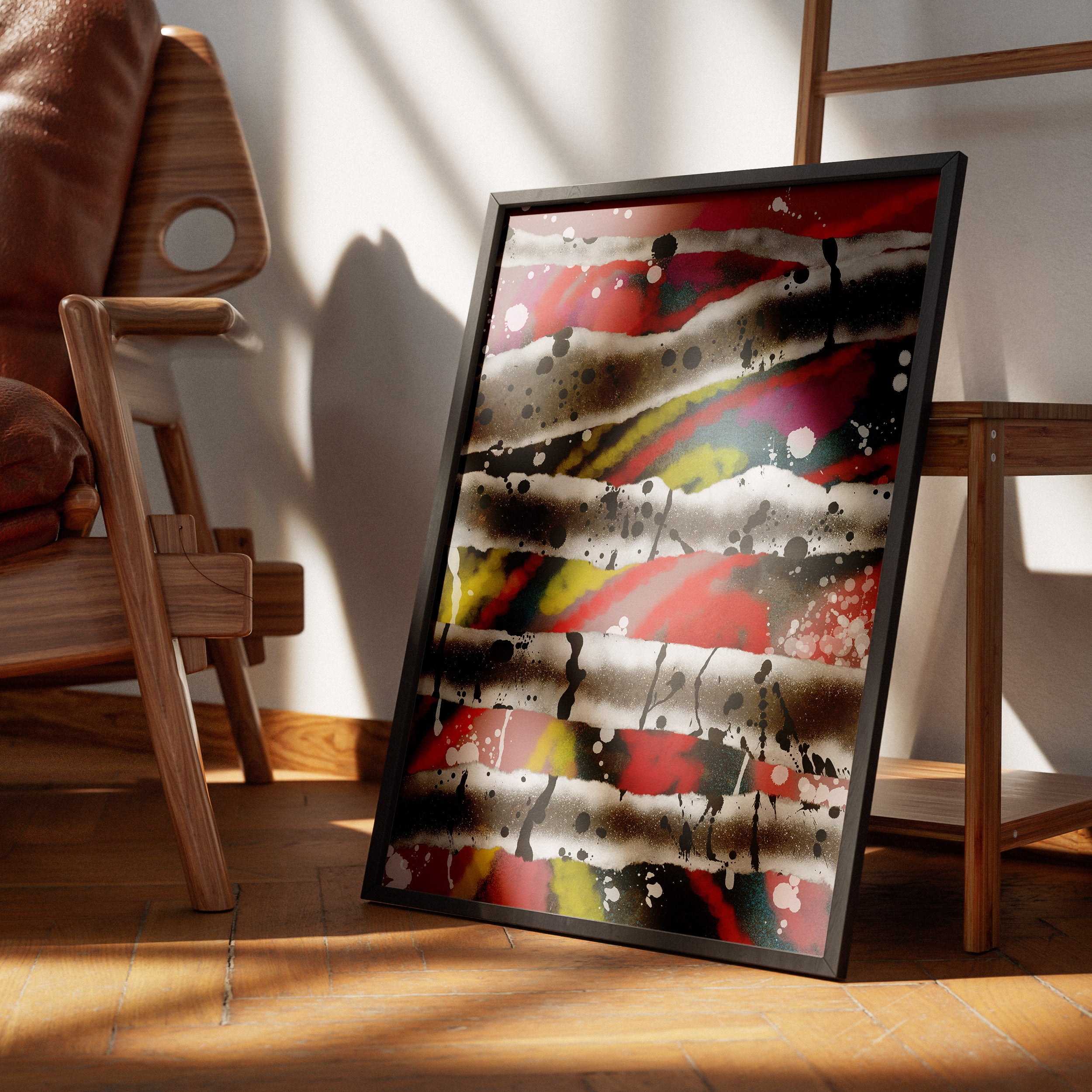 Broken Beat 08 colourful contemporary abstract print shown in a modern room setting