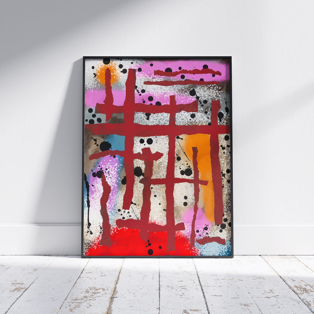 Broken Beat 09 framed abstract wall art print shown off wall with black frame