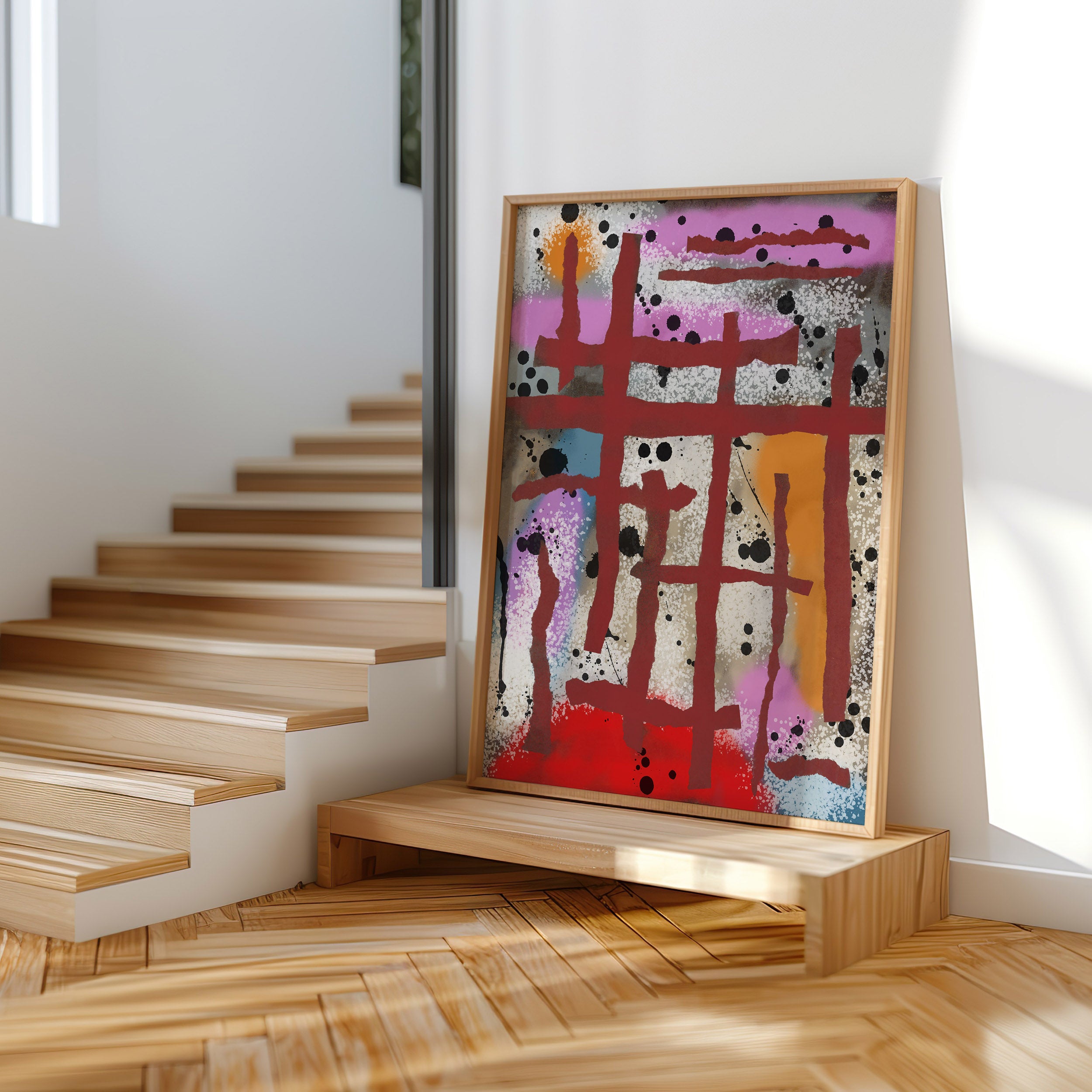 Broken Beat 09 colourful contemporary abstract print shown in a modern room setting