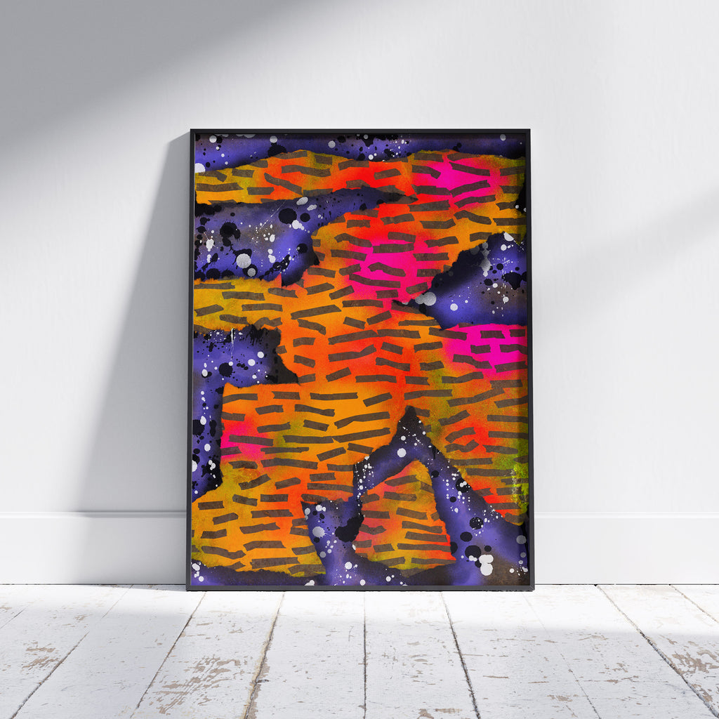 Broken Beat 10 framed abstract wall art print shown off wall with black frame