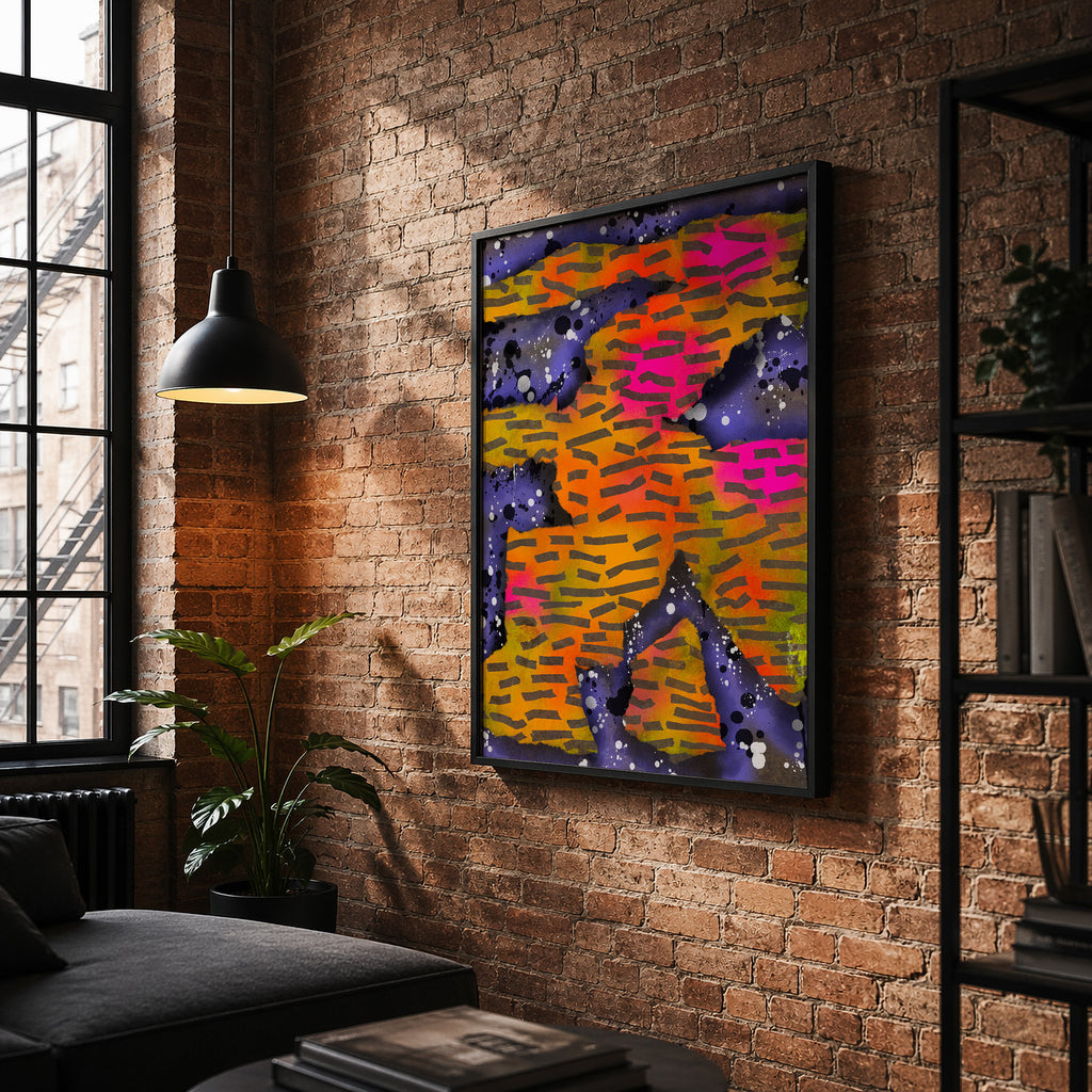 Broken Beat 10 colourful contemporary abstract print shown in a modern room setting