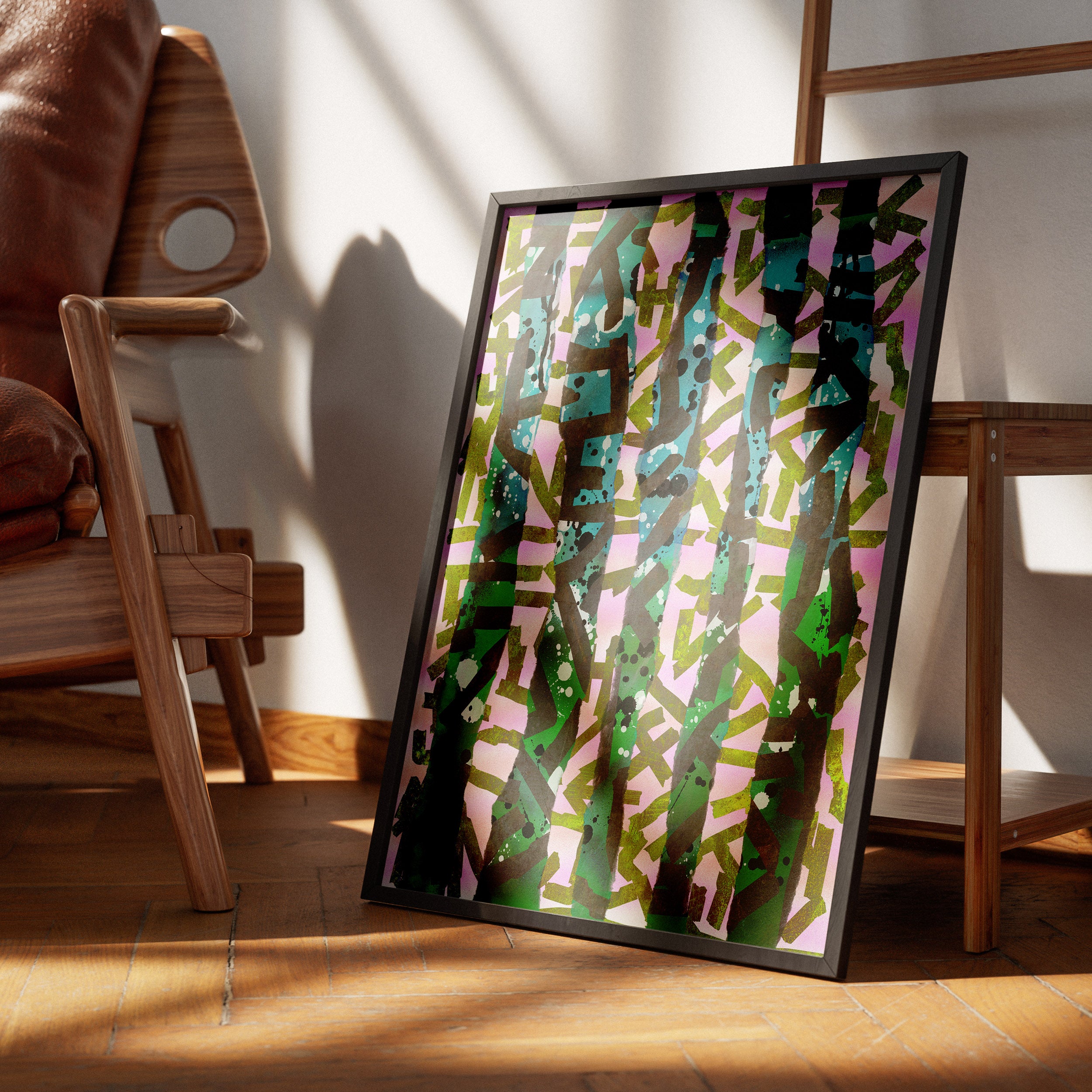 Broken Beat 11 colourful contemporary abstract print shown in a modern room setting
