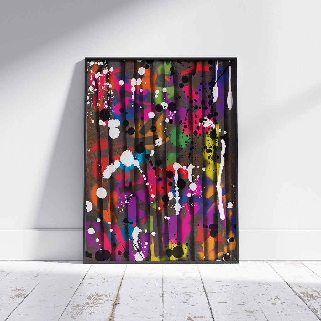 Broken Beat 12 framed abstract wall art print shown off wall with black frame