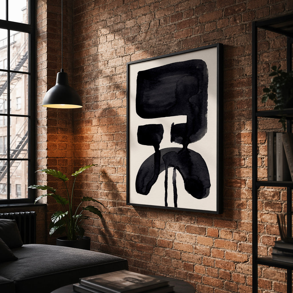 Composition in Ink 20 in black ink displayed in a modern interior, room mockup view one – abstract giclée wall art, 30×40 cm, portrait format, Open Wall Studio