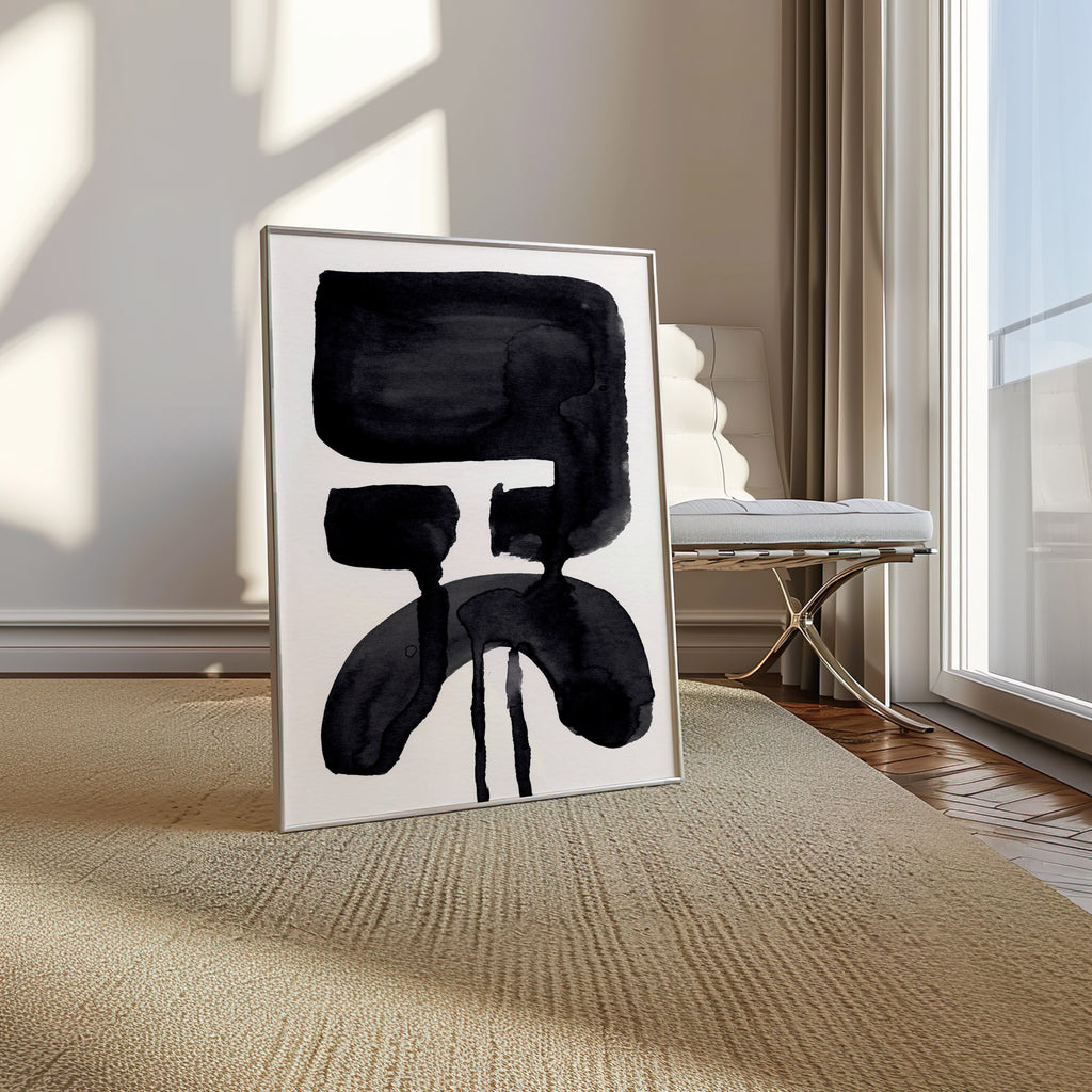 Composition in Ink 20 in black ink displayed in a modern interior, room mockup view two – abstract giclée wall art, 30×40 cm, portrait format, Open Wall Studio
