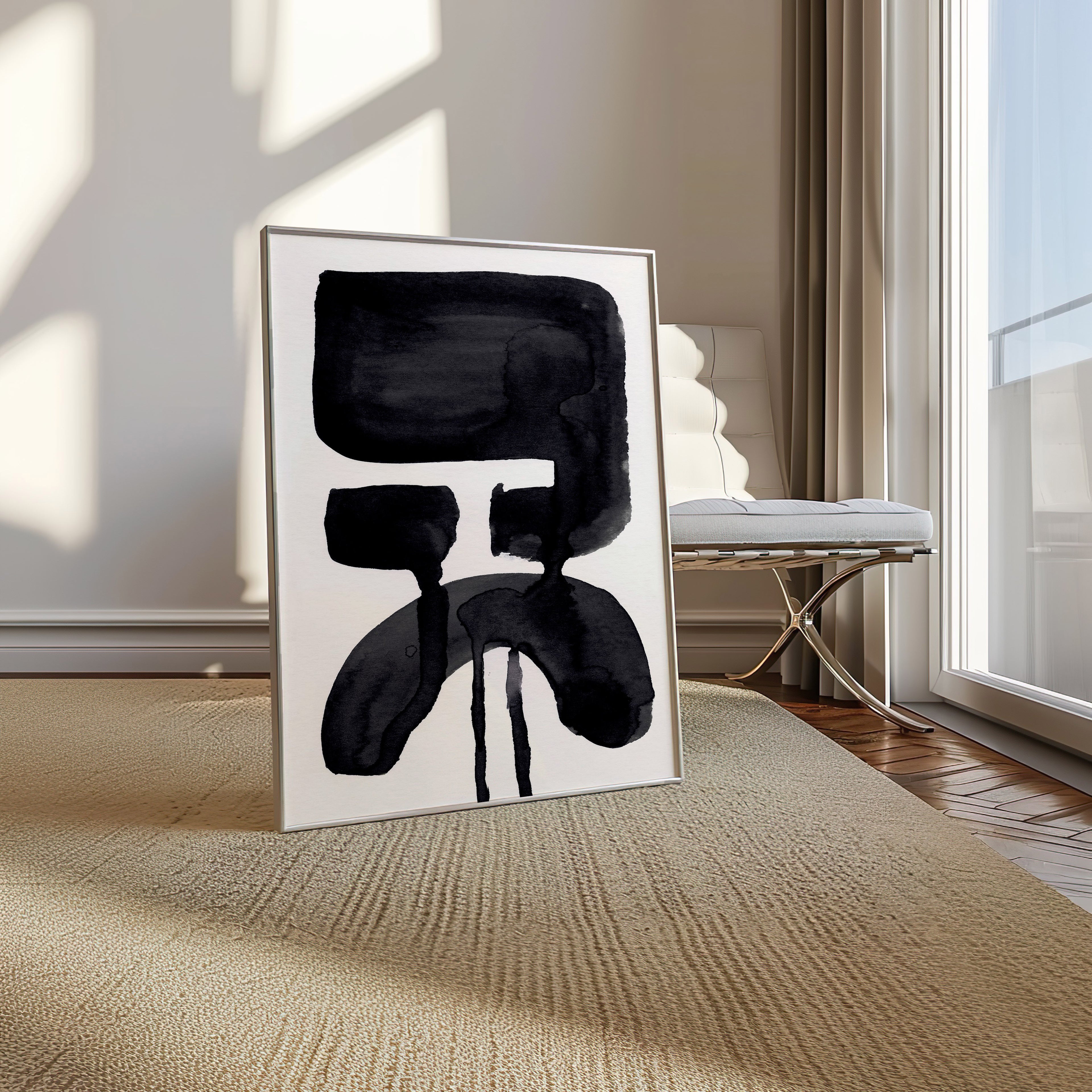 Composition in Ink 20 in black ink displayed in a modern interior, room mockup view two – abstract giclée wall art, 45×60 cm, portrait format, Open Wall Studio