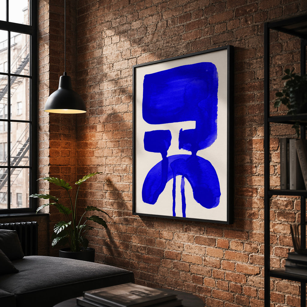 Composition in Ink 20 in blue ink displayed in a modern interior, room mockup view one – abstract giclée wall art, 30×40 cm, portrait format, Open Wall Studio