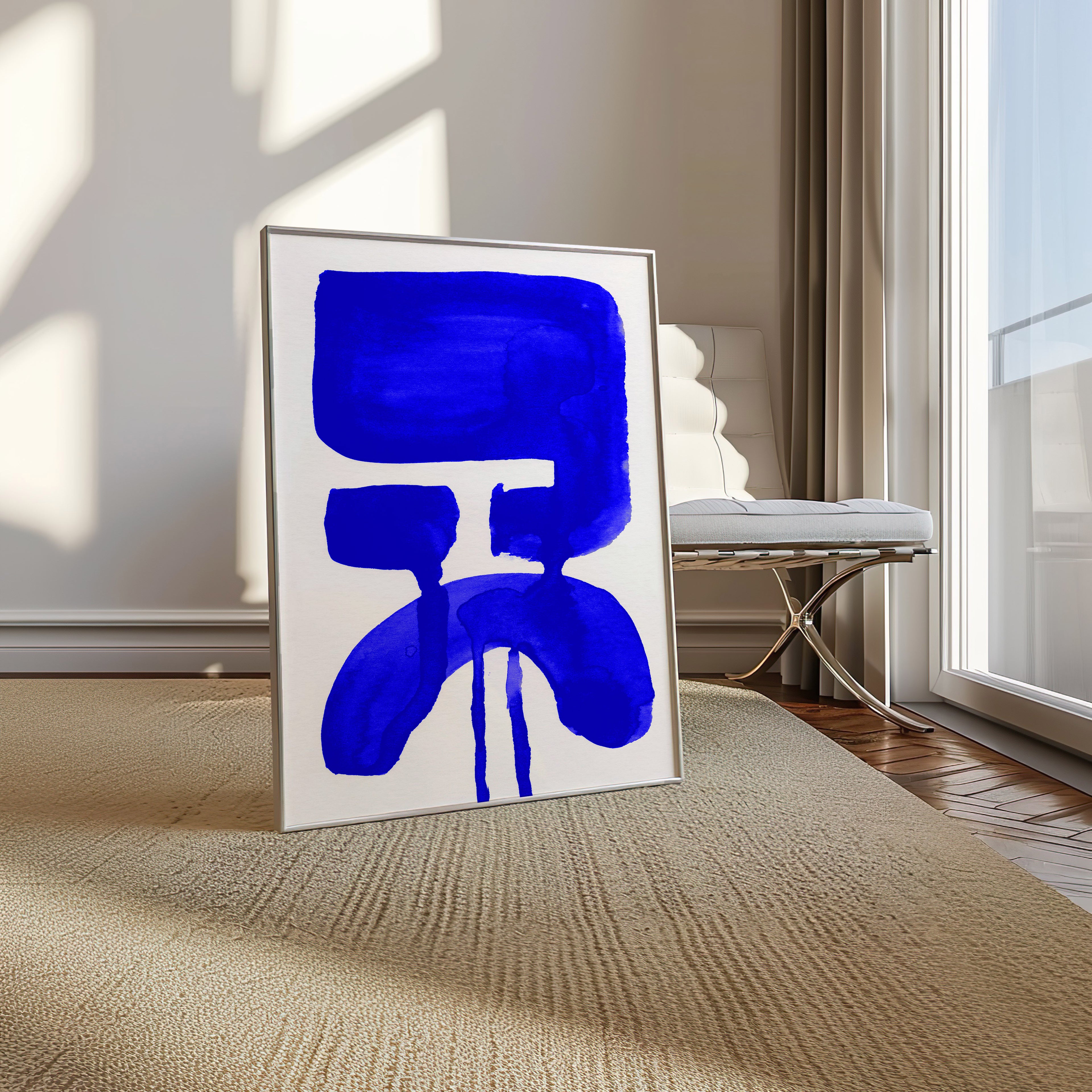 Composition in Ink 20 in blue ink displayed in a modern interior, room mockup view two – abstract giclée wall art, 45×60 cm, portrait format, Open Wall Studio