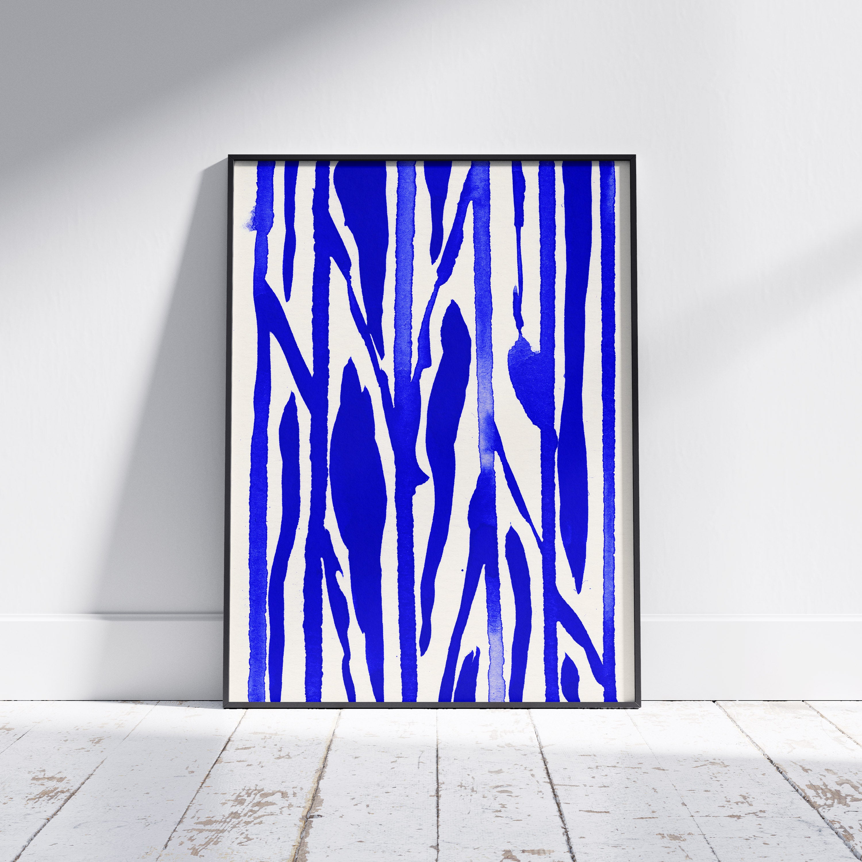 Composition in Ink 22 framed art print in blue ink – contemporary abstract giclée print shown in frame, portrait format, 45×60 cm, no scale reference, Open Wall Studio