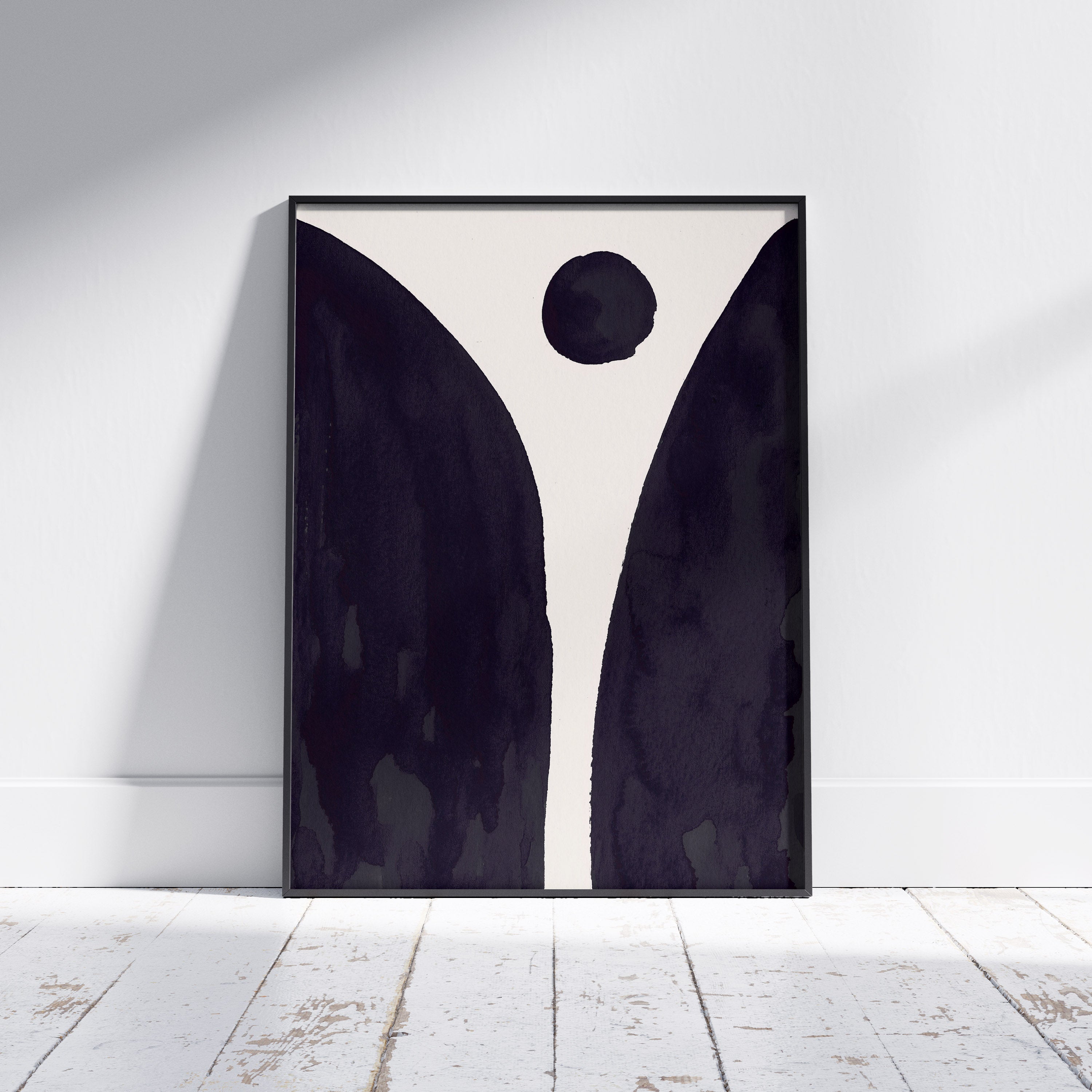 Composition in Ink 08 framed art print in black ink – contemporary abstract giclée print shown in frame, portrait format, 45×60 cm, no scale reference, Open Wall Studio