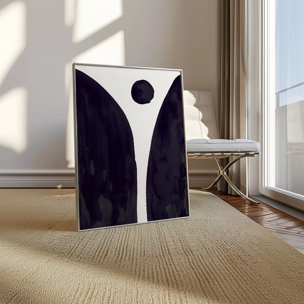 Composition in Ink 08 in black ink displayed in a modern interior, room mockup view two – abstract giclée wall art, 30×40 cm, portrait format, Open Wall Studio