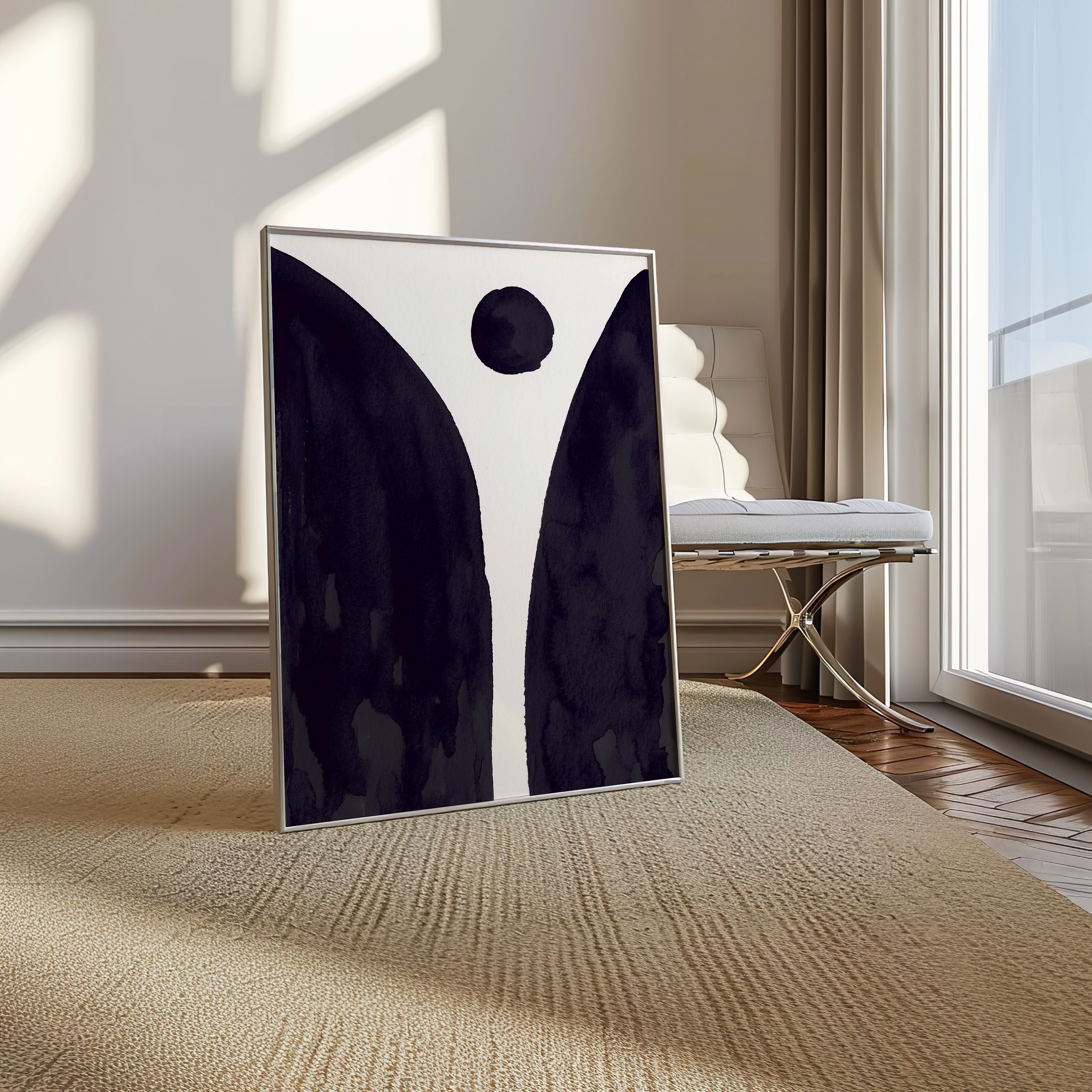 Composition in Ink 08 in black ink displayed in a modern interior, room mockup view two – abstract giclée wall art, 60×80 cm, portrait format, Open Wall Studio