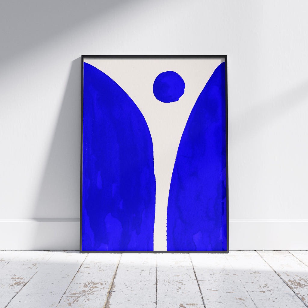 Composition in Ink 08 framed art print in blue ink – contemporary abstract giclée print shown in frame, portrait format, 60×80 cm, no scale reference, Open Wall Studio