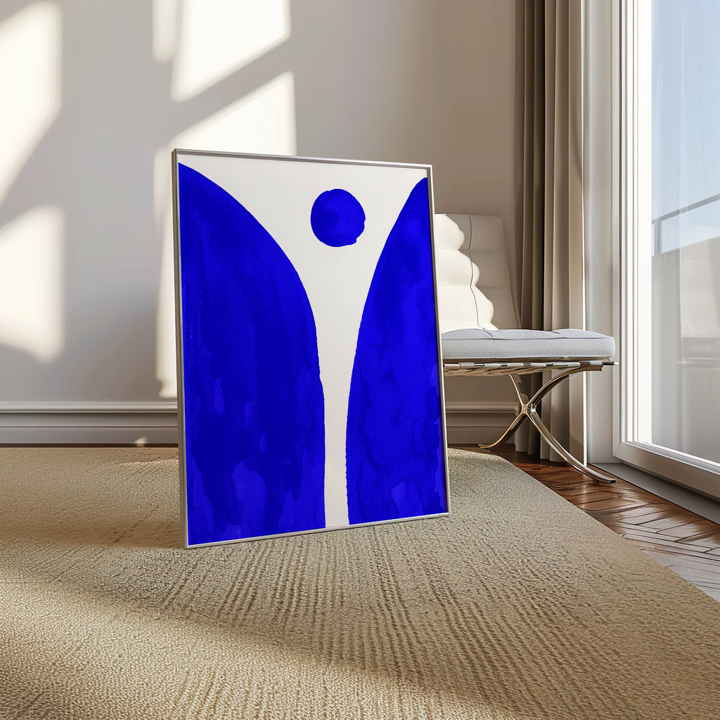 Composition in Ink 08 in blue ink displayed in a modern interior, room mockup view two – abstract giclée wall art, 45×60 cm, portrait format, Open Wall Studio