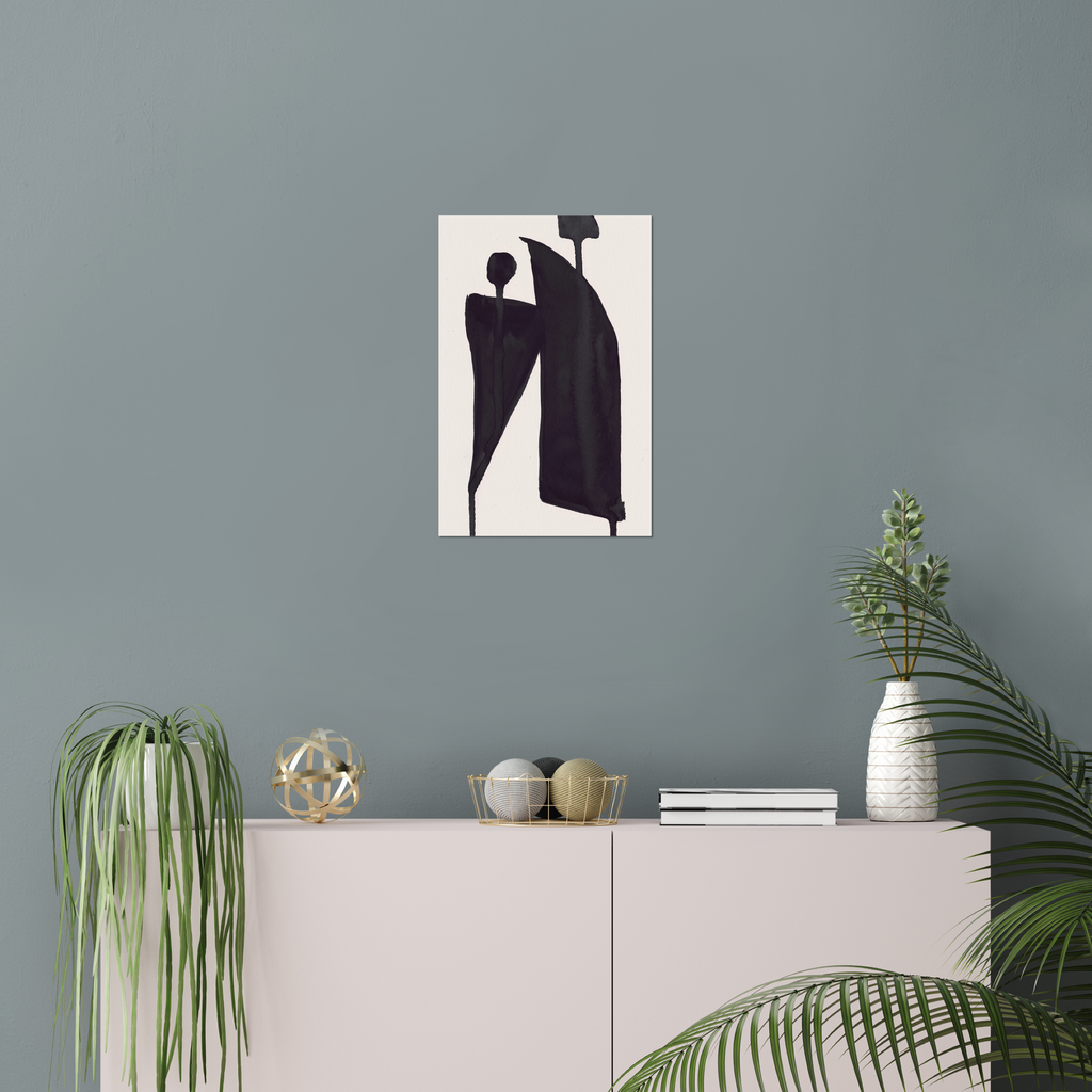 Vertical abstract wall art print displayed in minimalist living room interior
