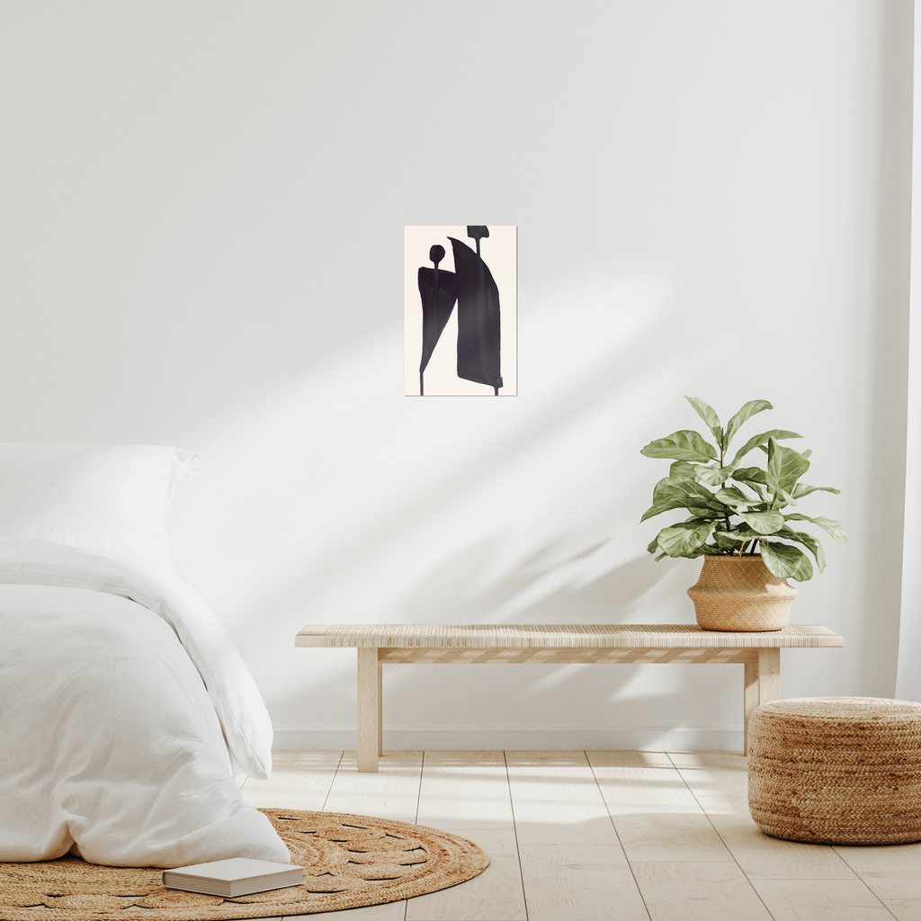 Contemporary abstract wall art print above bed in modern bedroom