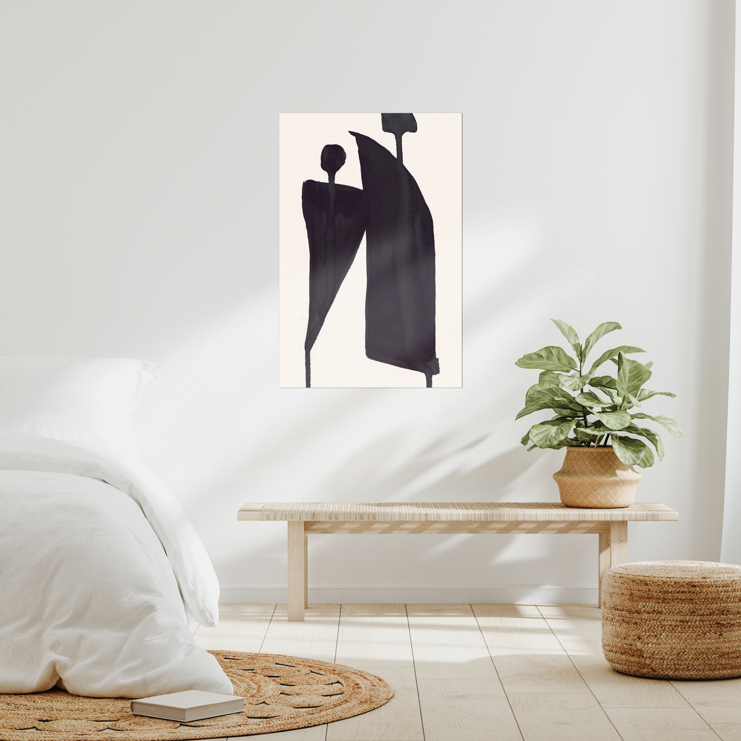 Contemporary abstract wall art print above bed in modern bedroom