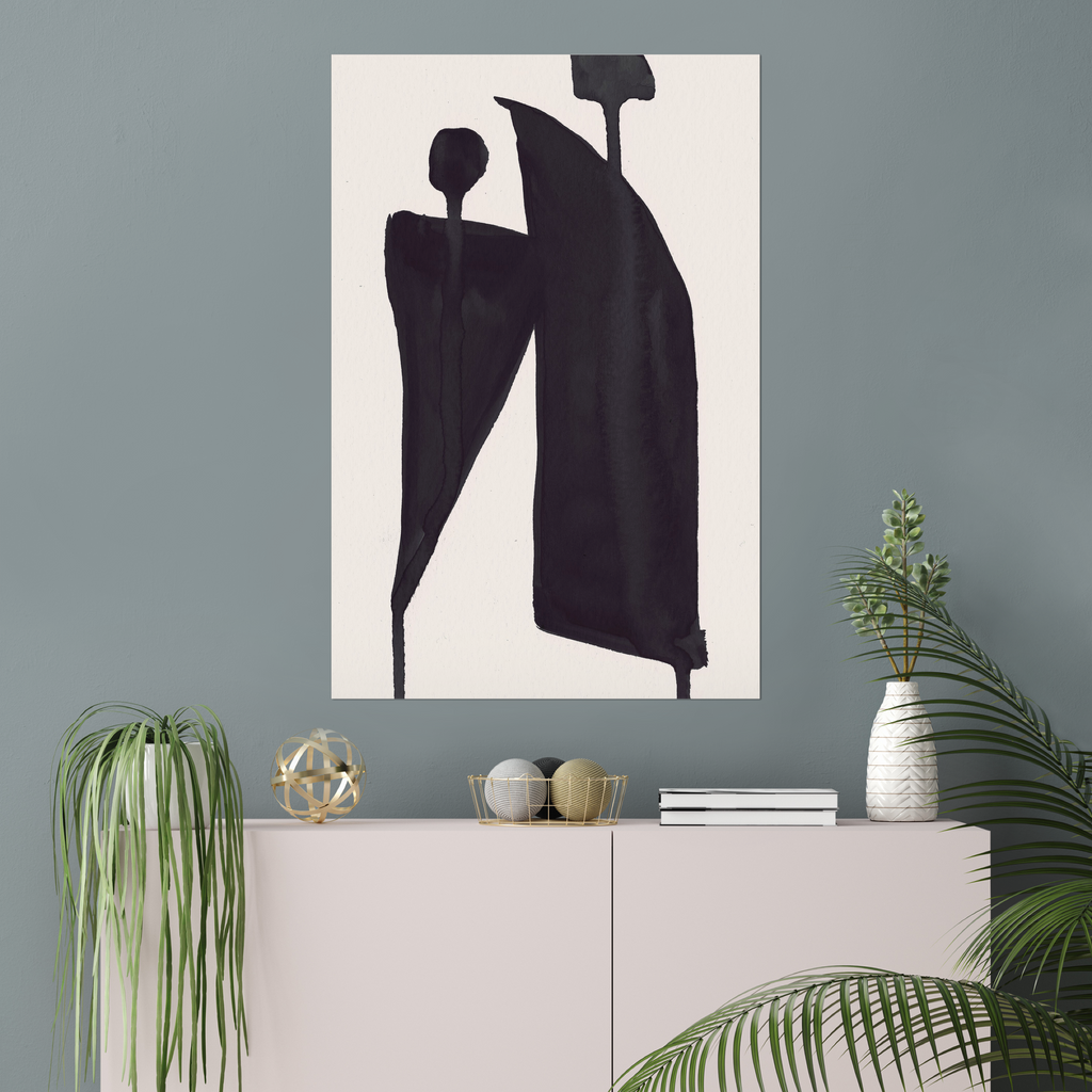 Vertical abstract wall art print displayed in minimalist living room interior