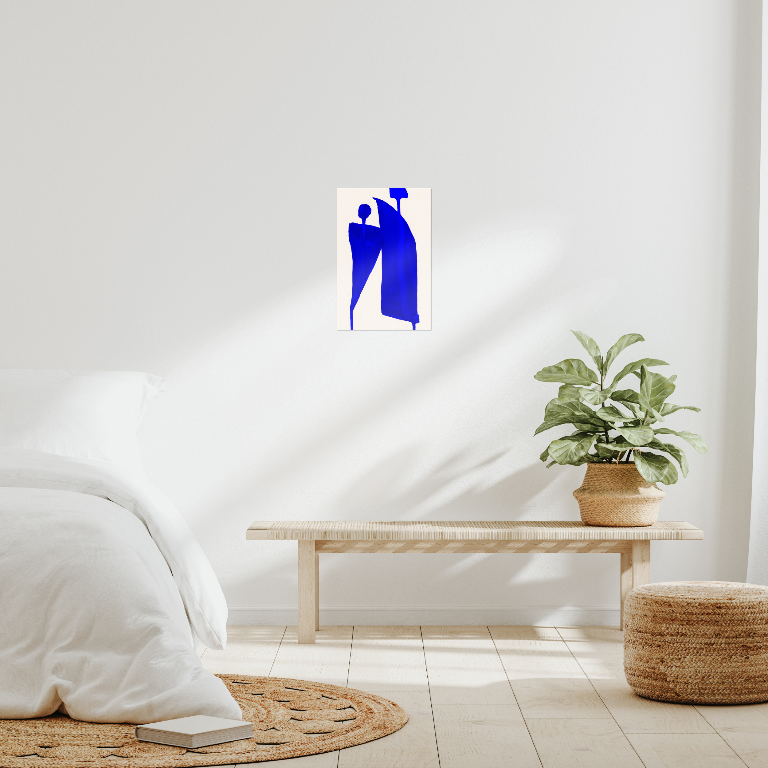 Contemporary abstract wall art print above bed in modern bedroom