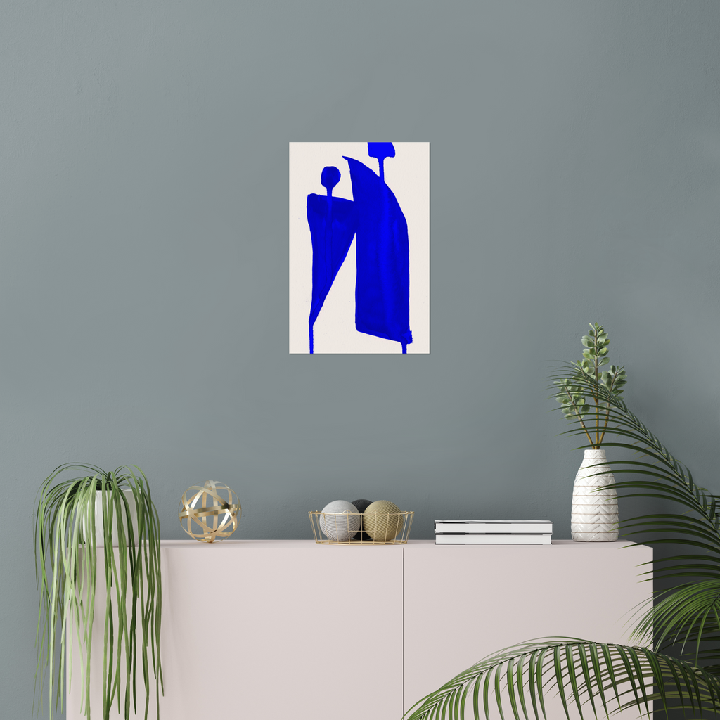 Vertical abstract wall art print displayed in minimalist living room interior