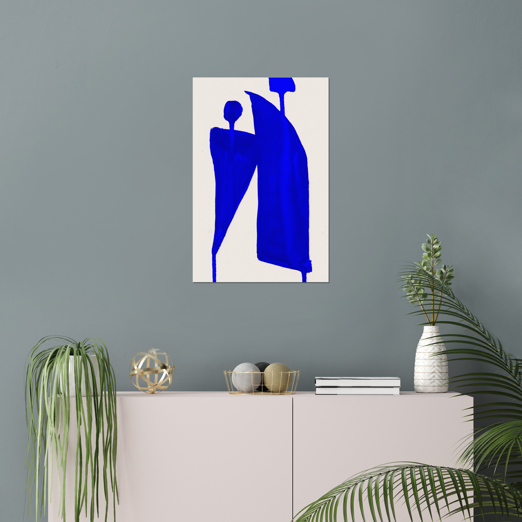 Vertical abstract wall art print displayed in minimalist living room interior