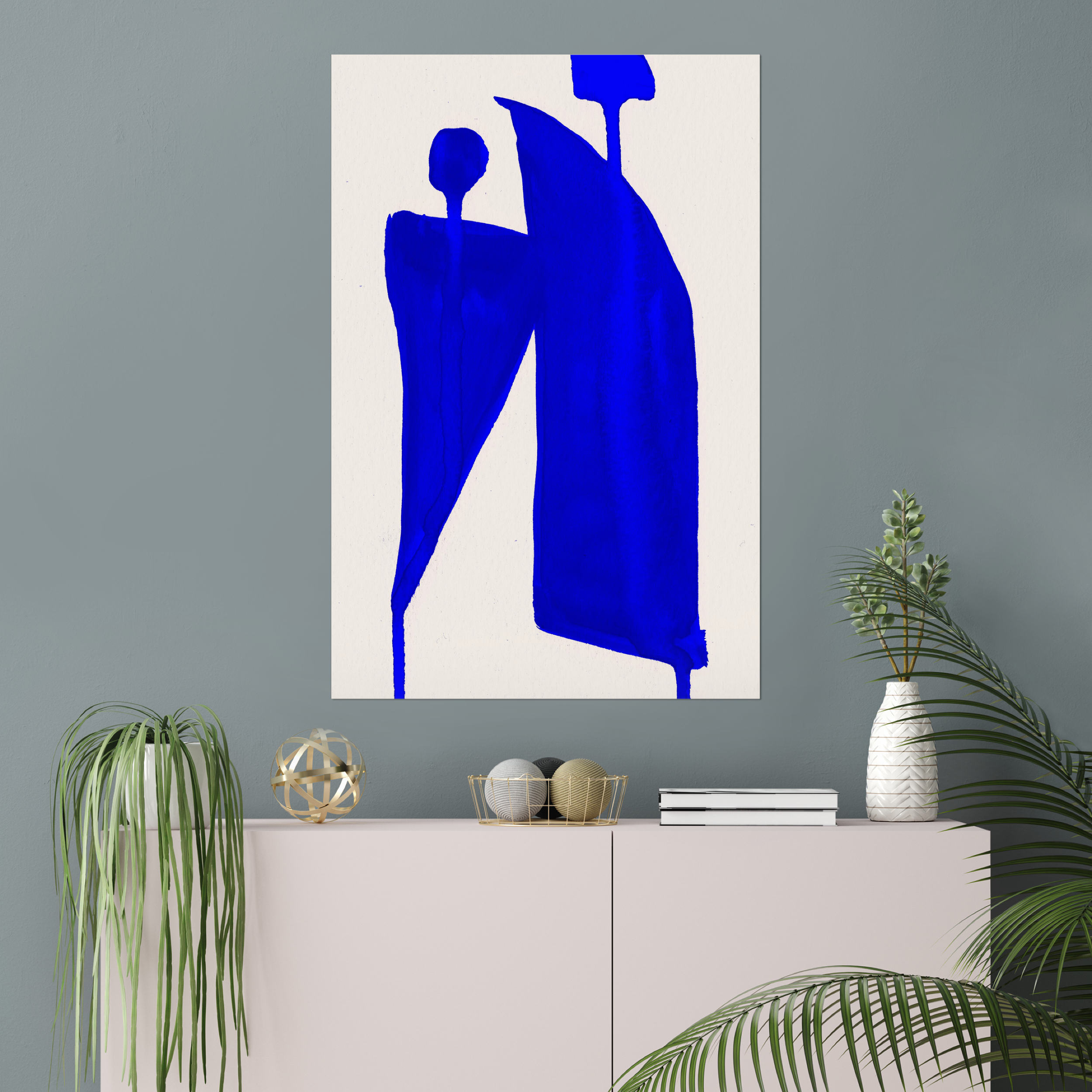 Vertical abstract wall art print displayed in minimalist living room interior