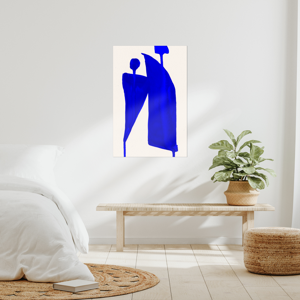 Contemporary abstract wall art print above bed in modern bedroom