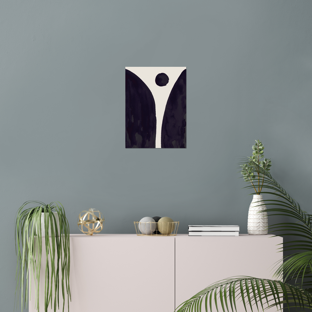 Vertical abstract wall art print displayed in minimalist living room interior