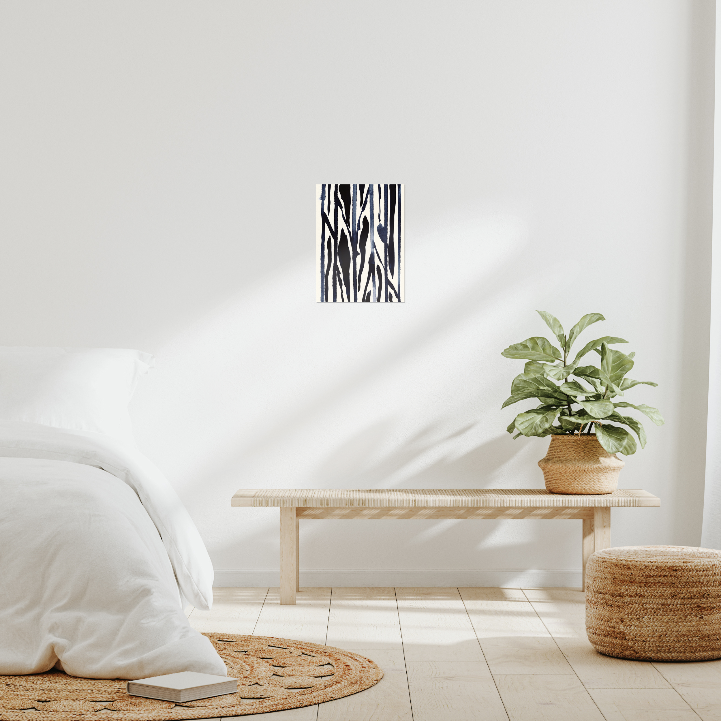 Contemporary abstract minimalist wall art print in modern bedroom