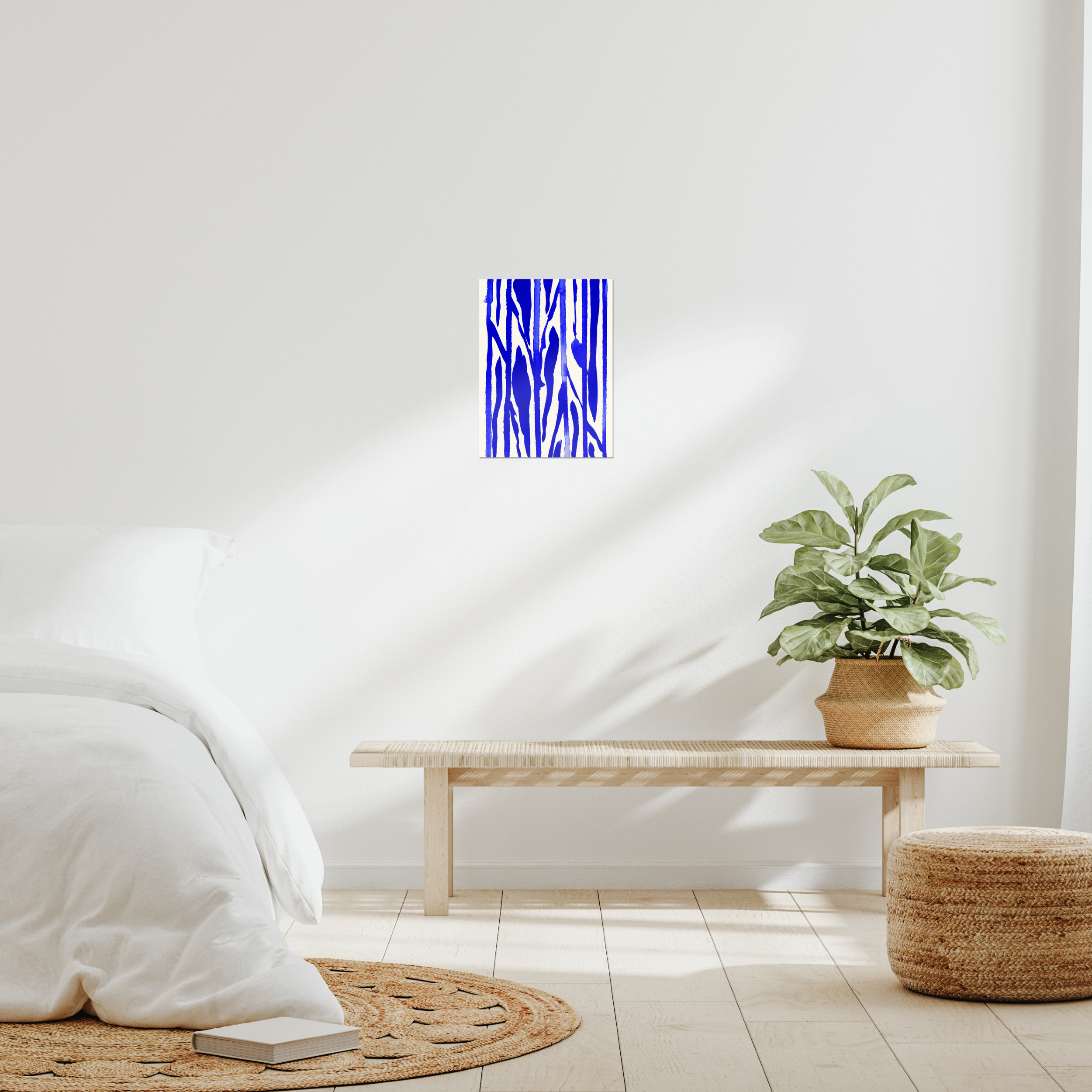 Contemporary abstract minimalist wall art print in modern bedroom