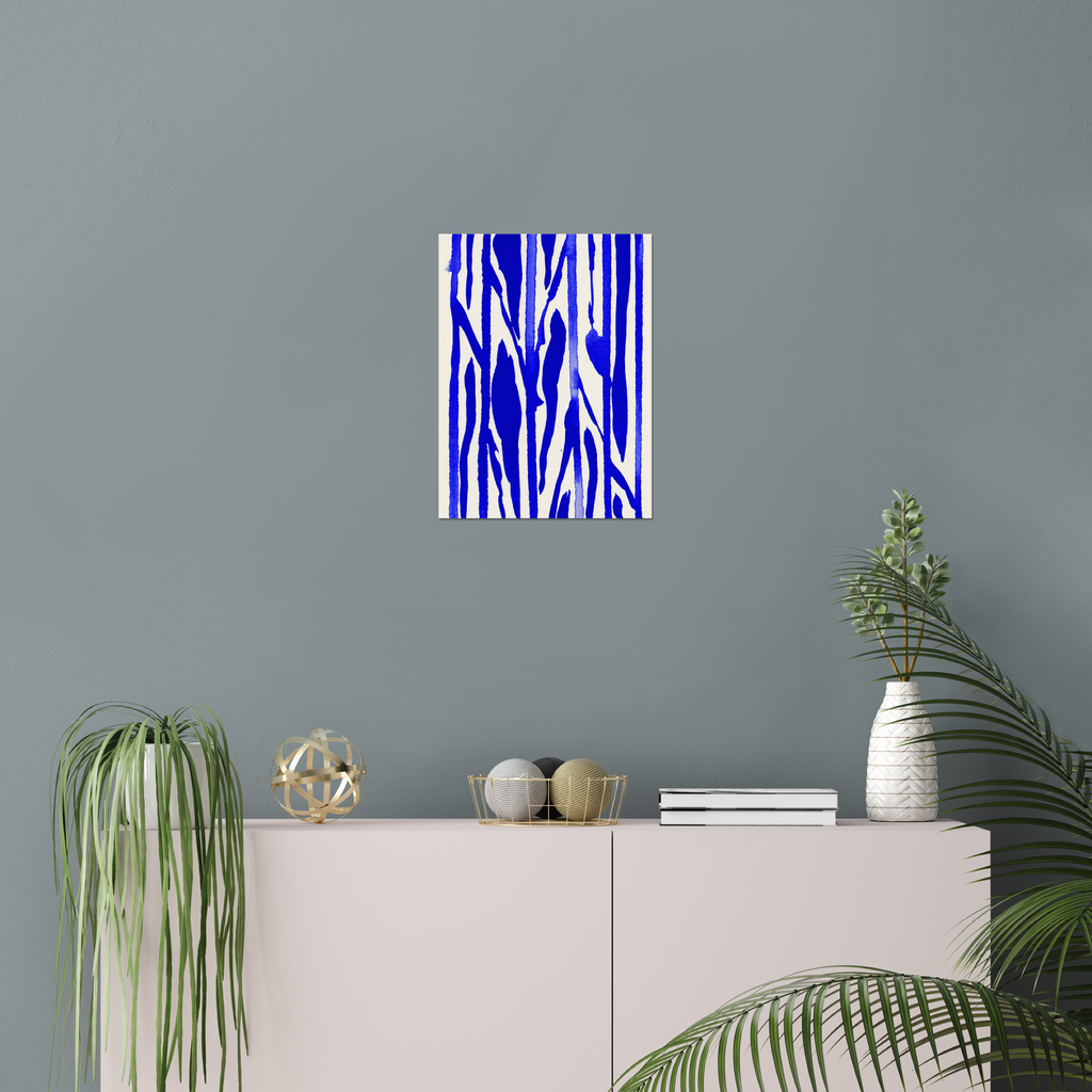 Vertical abstract wall art print displayed in minimalist living room interior