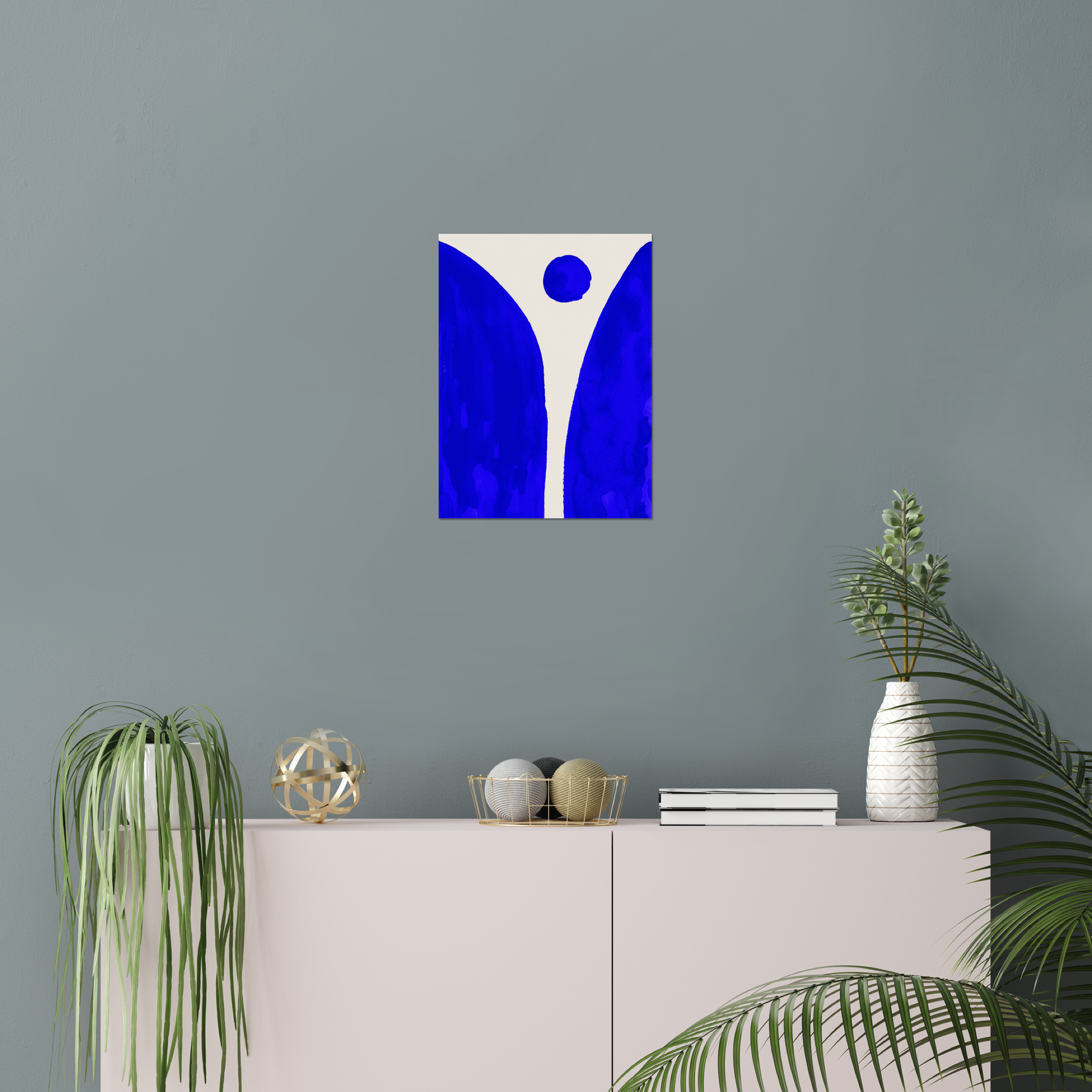 Vertical abstract wall art print displayed in minimalist living room interior