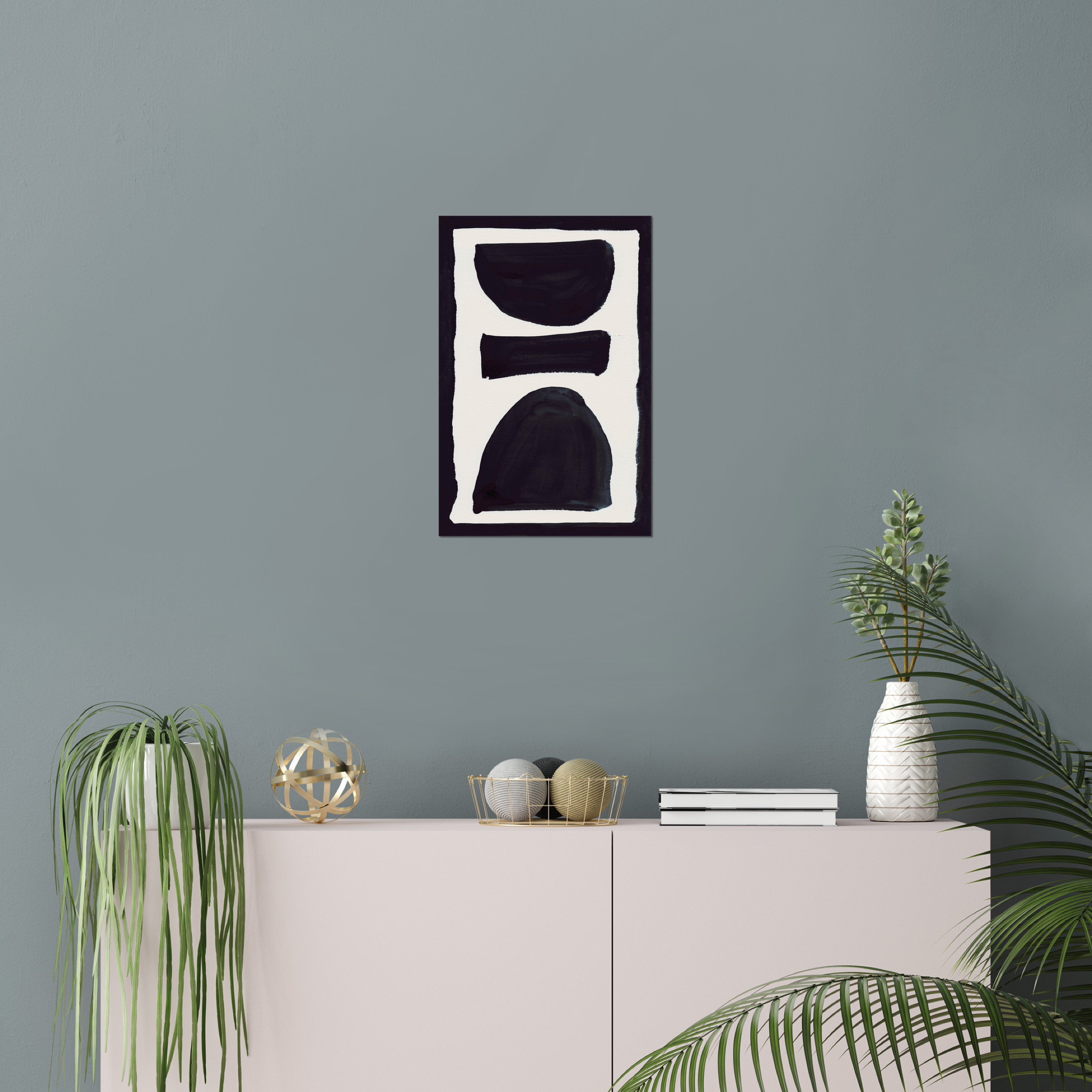 Vertical abstract wall art print displayed in minimalist living room interior