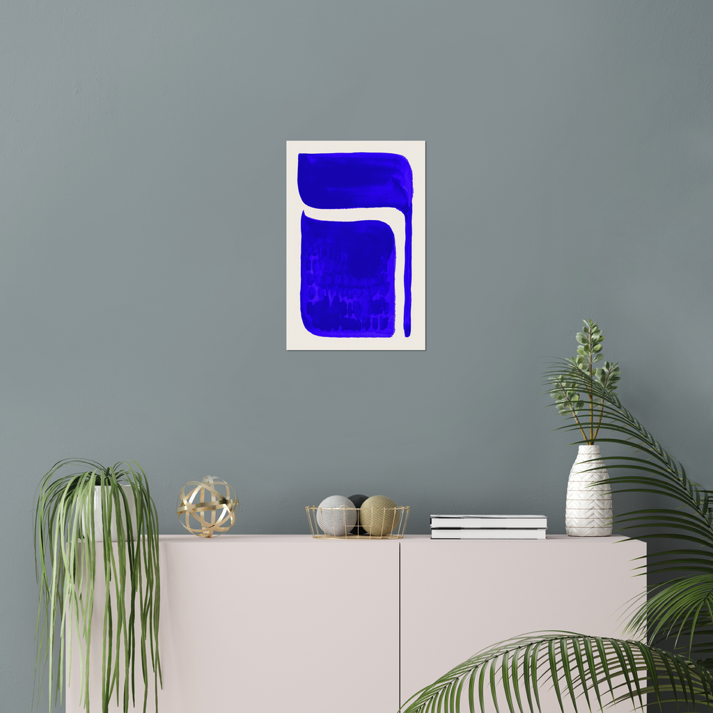 Vertical abstract wall art print displayed in minimalist living room interior