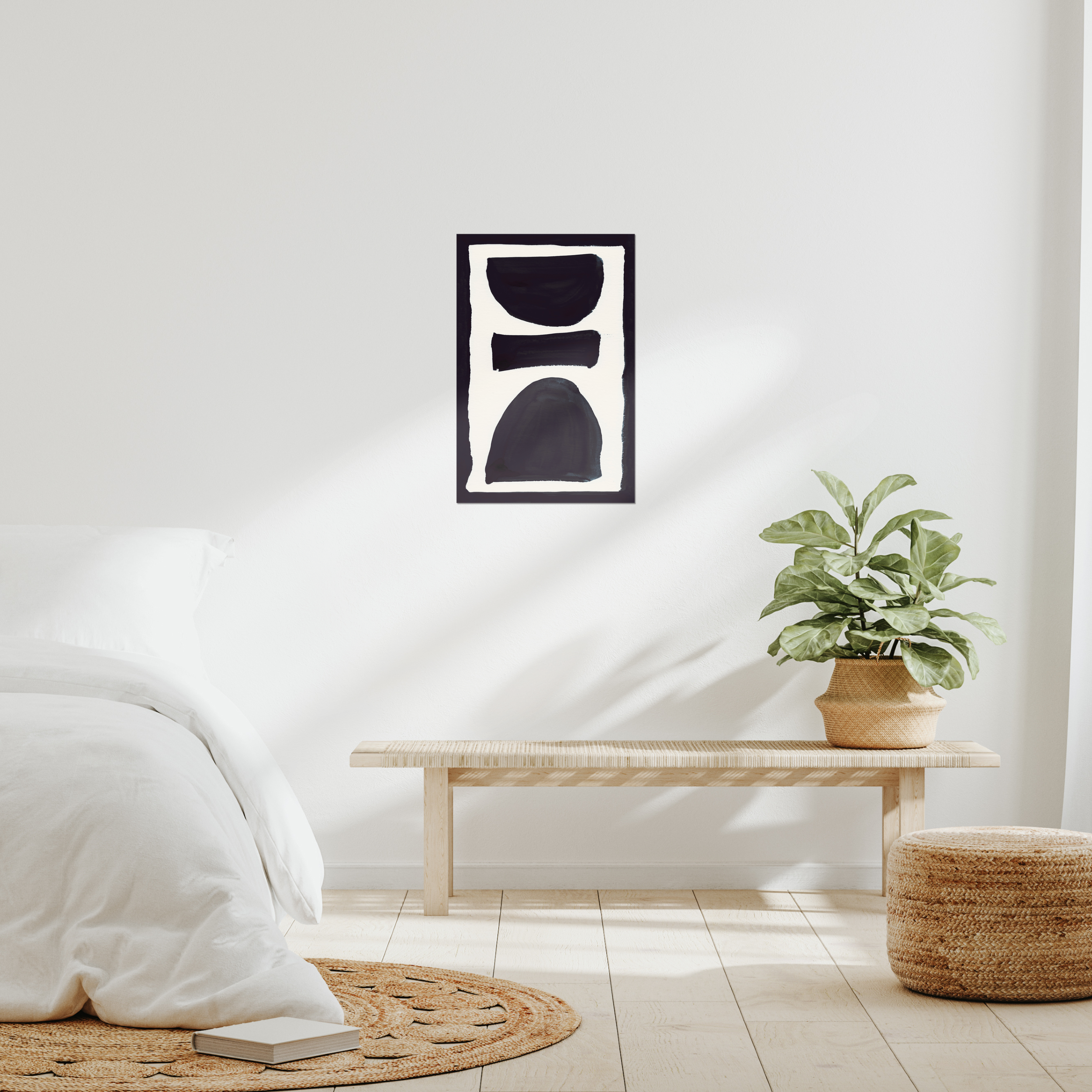 Contemporary abstract minimalist wall art print in modern bedroom