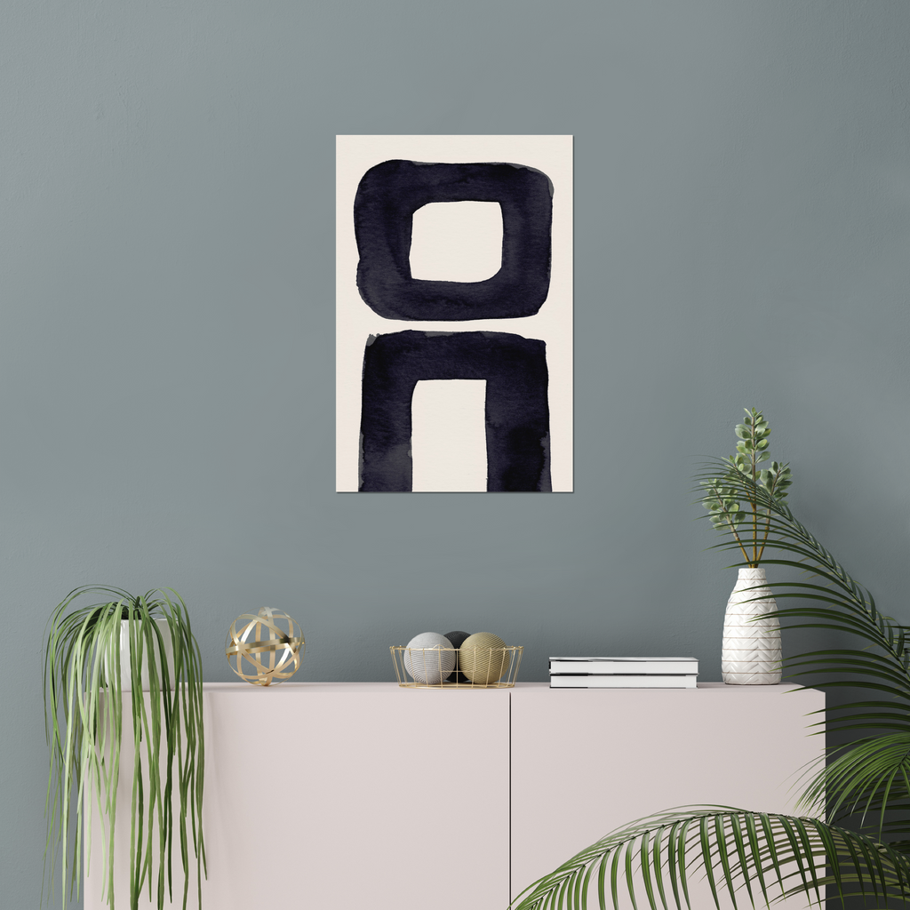 Vertical abstract wall art print displayed in minimalist living room interior
