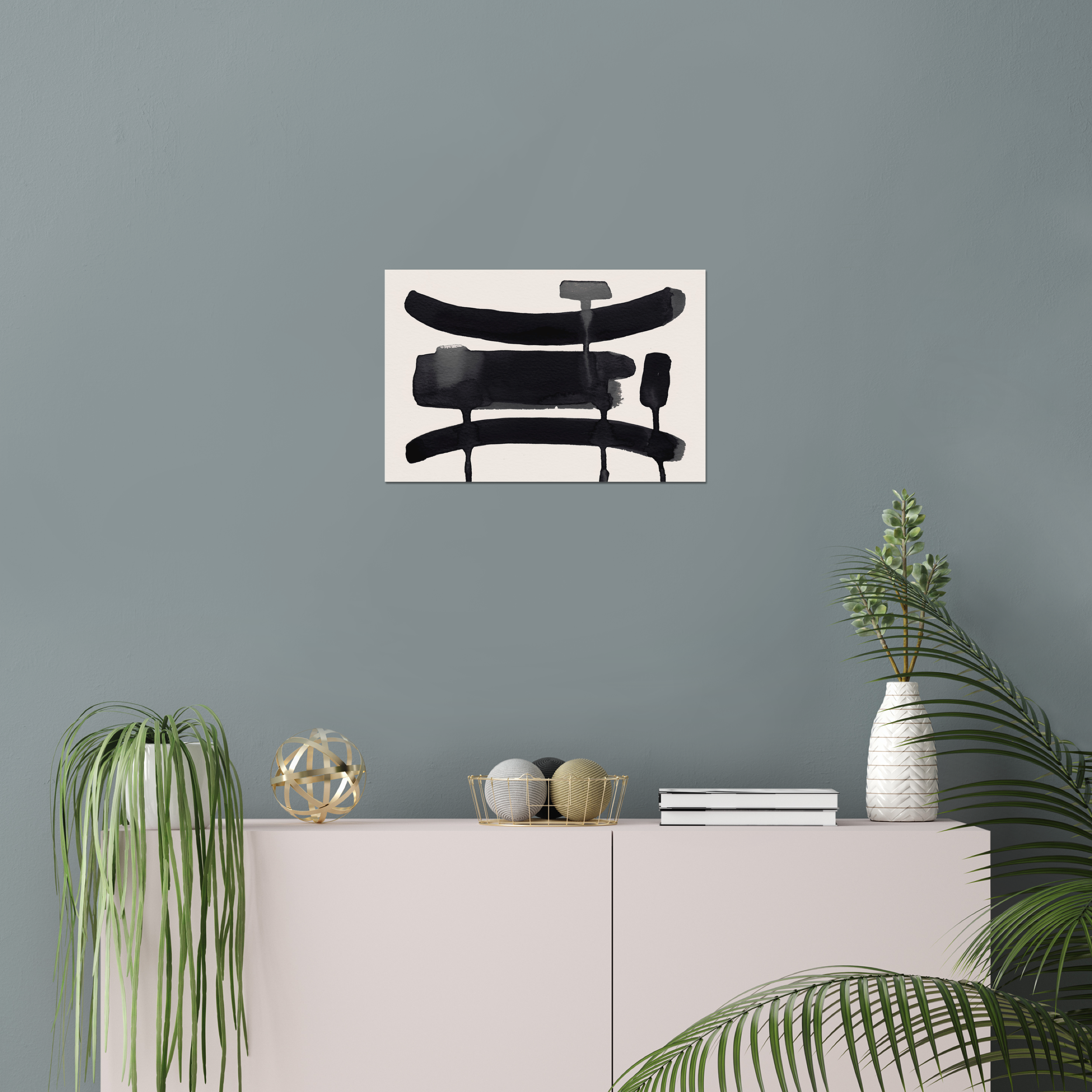 Horizontal abstract wall art print displayed in minimalist living room interior
