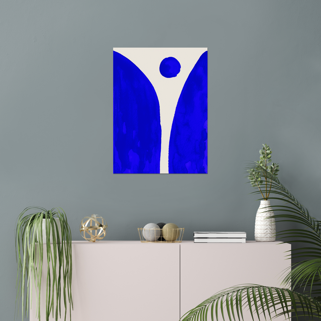 Vertical abstract wall art print displayed in minimalist living room interior