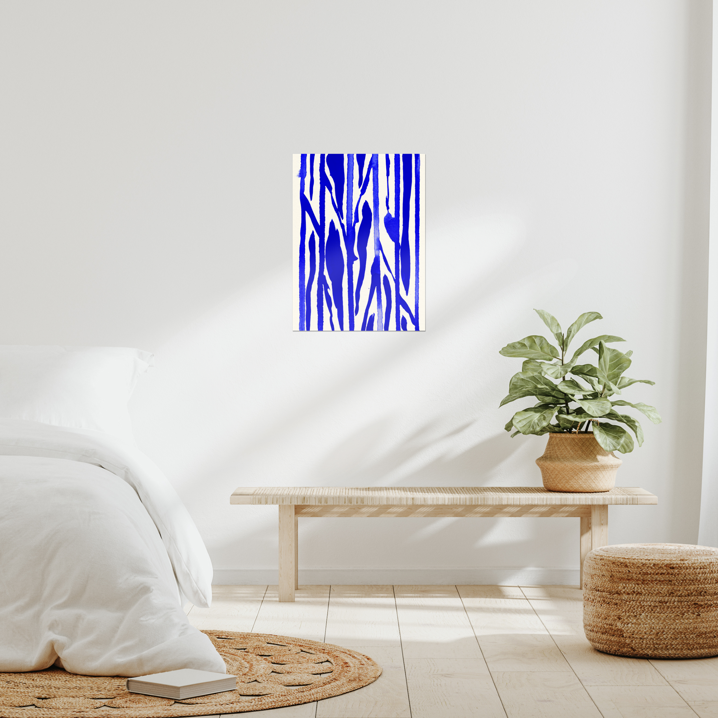 Contemporary abstract minimalist wall art print in modern bedroom