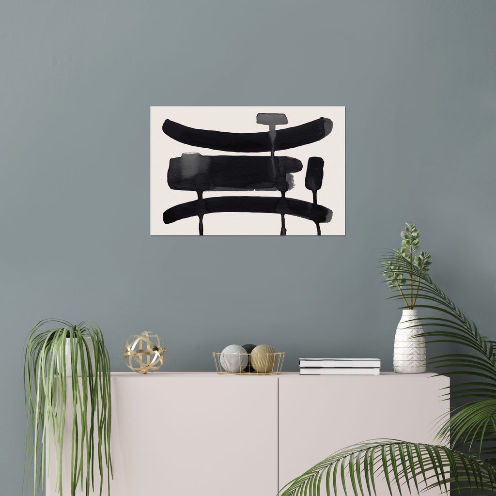 Horizontal abstract wall art print displayed in minimalist living room interior