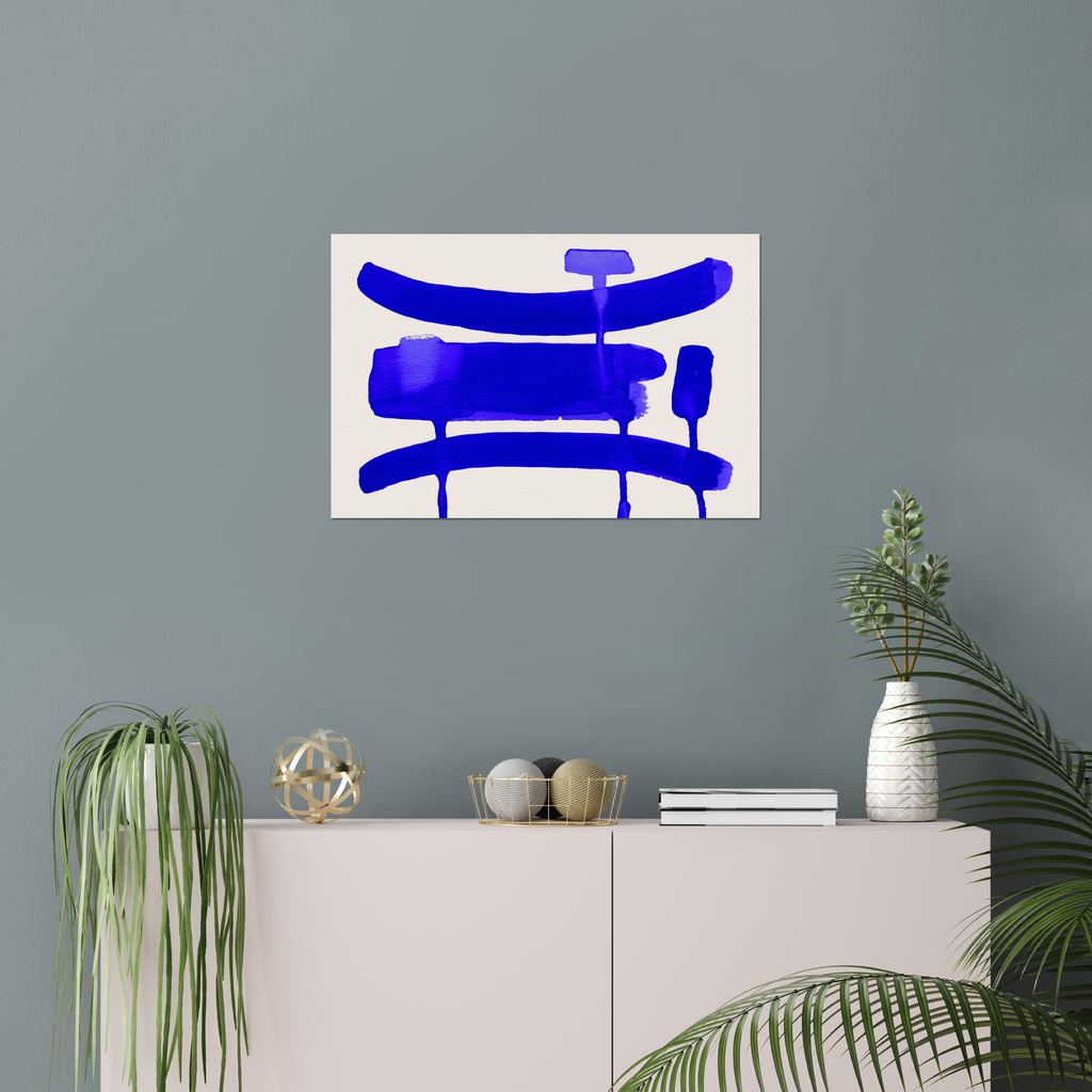 Horizontal abstract wall art print displayed in minimalist living room interior