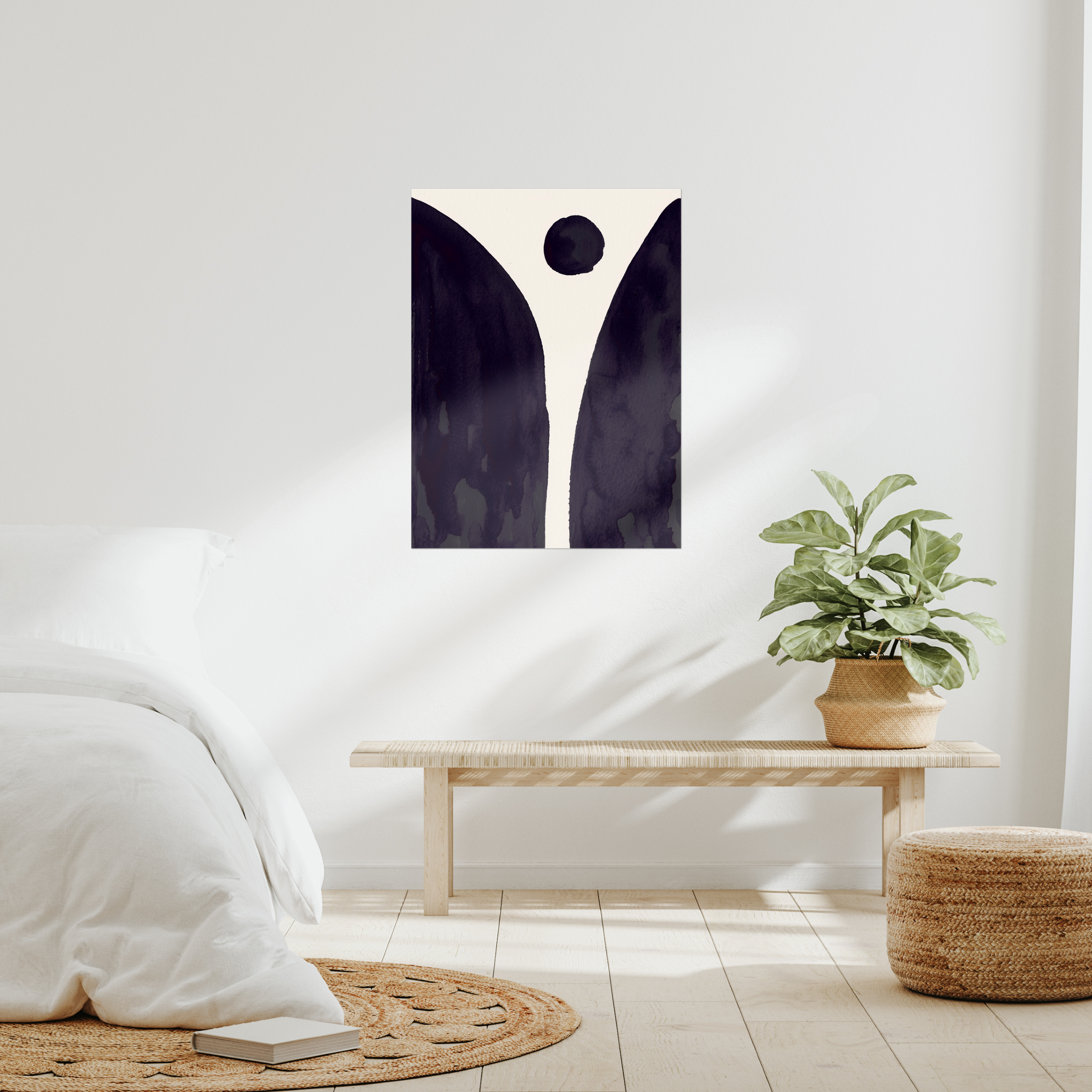 Contemporary abstract minimalist wall art print in modern bedroom