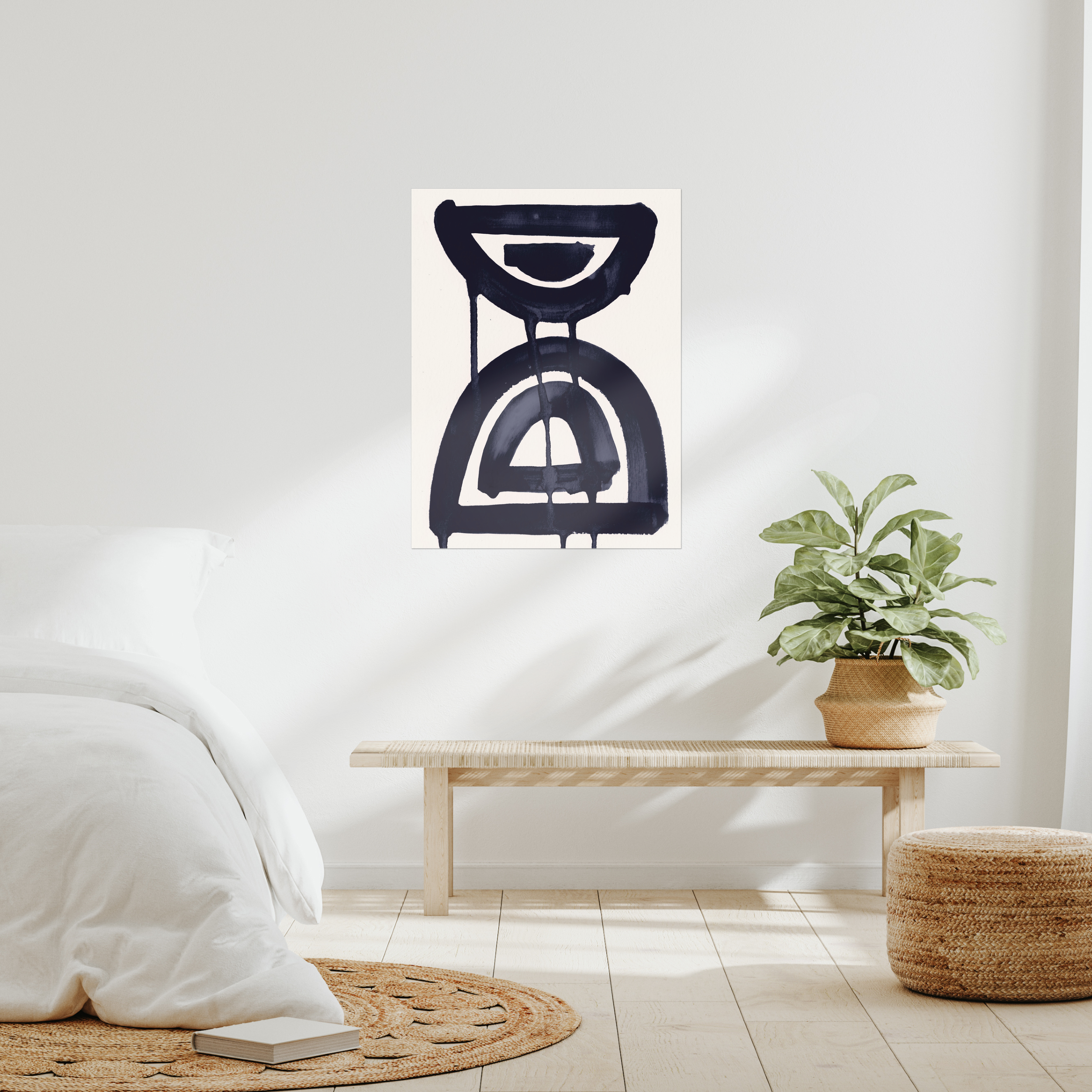 Contemporary abstract minimalist wall art print in modern bedroom