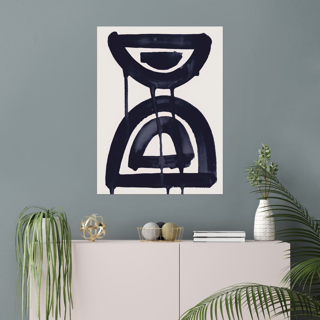 Vertical abstract wall art print displayed in minimalist living room interior